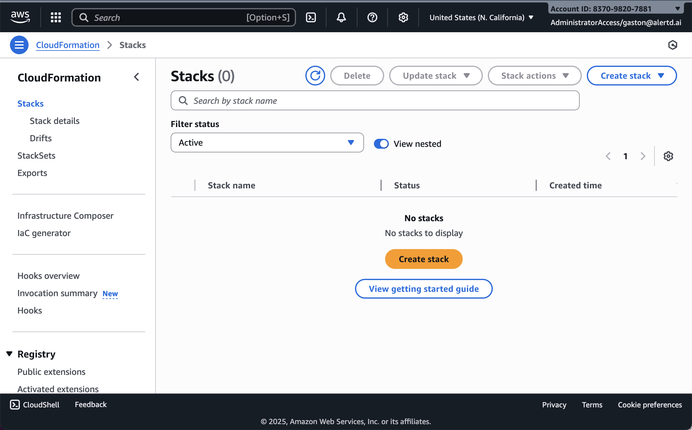 CloudFormation Console showing Stacks view with no active stacks