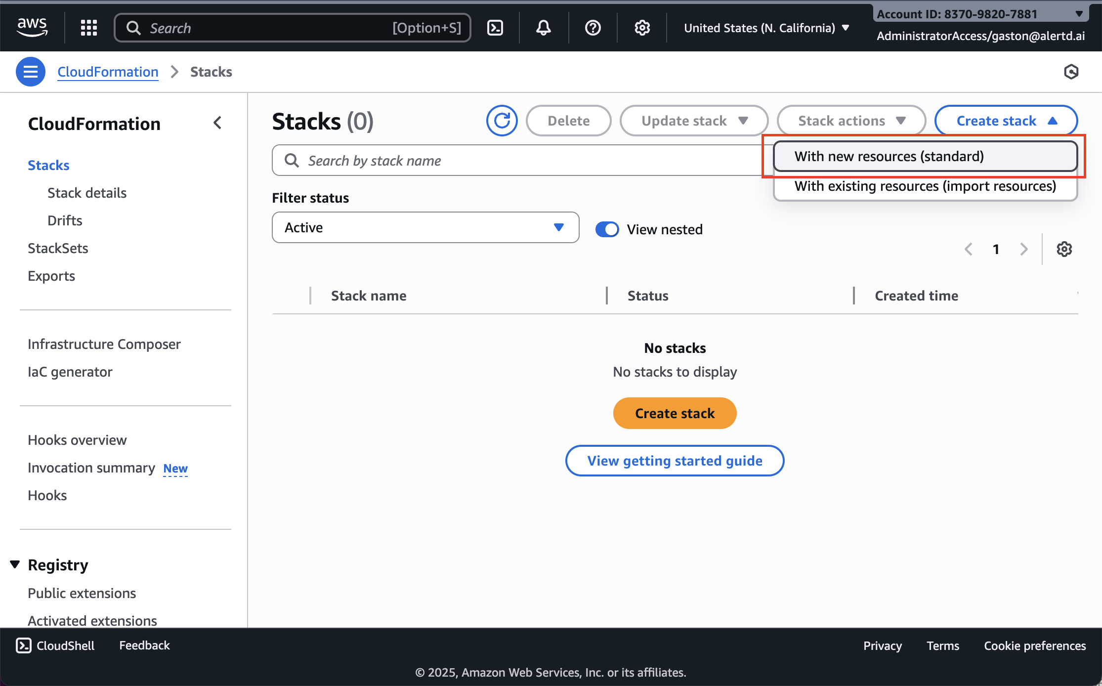 Create stack dropdown menu showing With new resources option