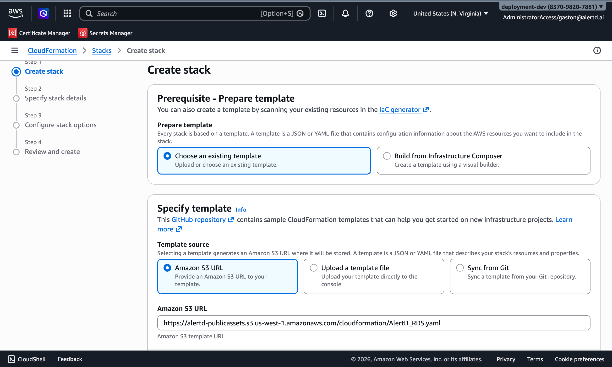 CloudFormation Create stack page showing template source options
