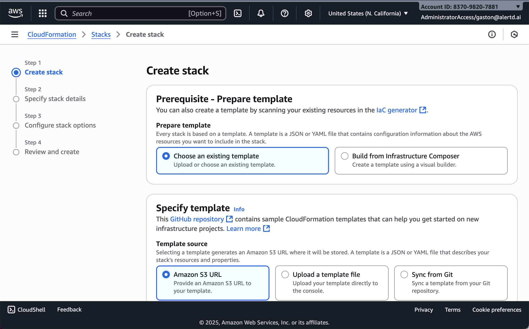 CloudFormation Create stack page showing template source options