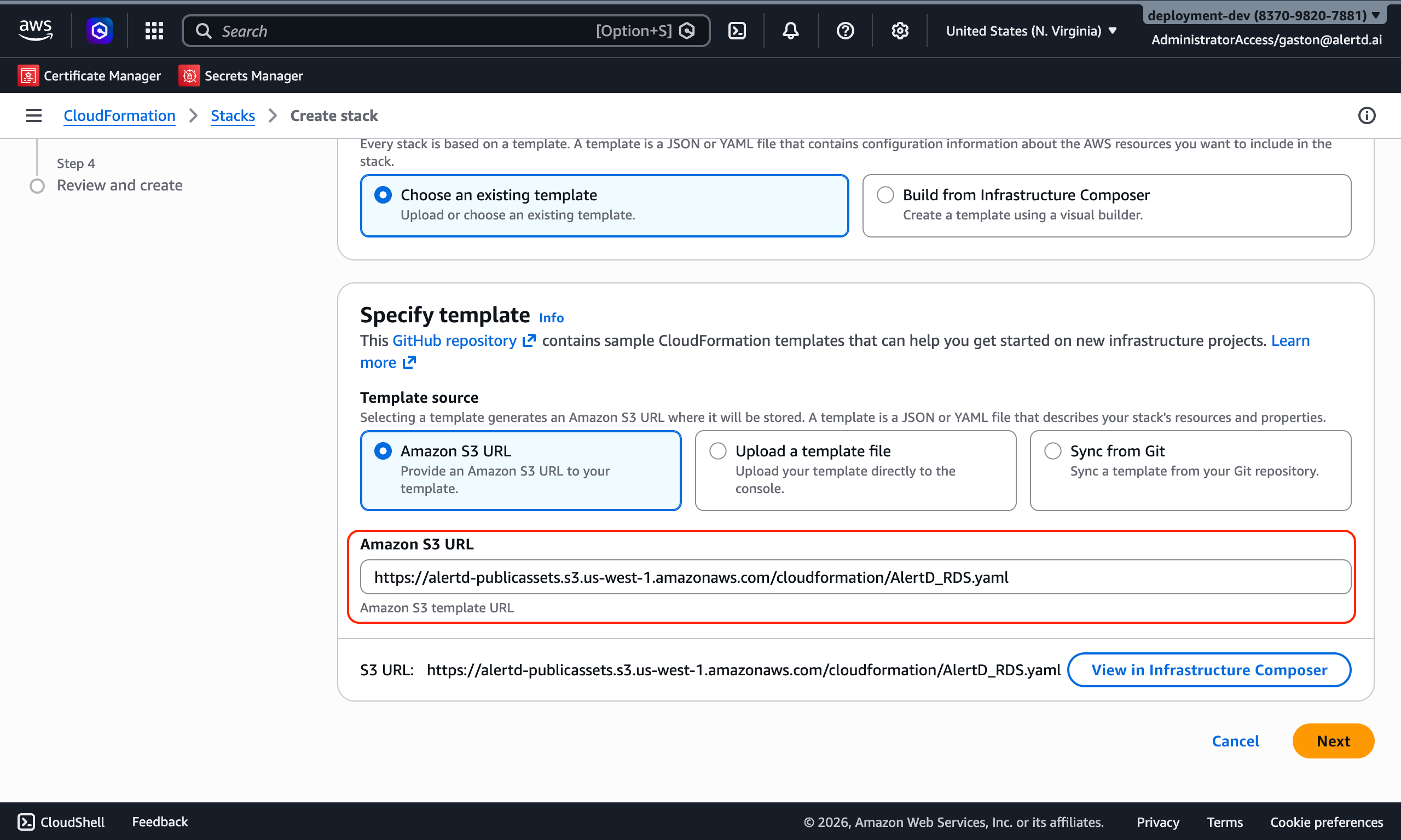 Template URL input field showing AlertD S3 template URL