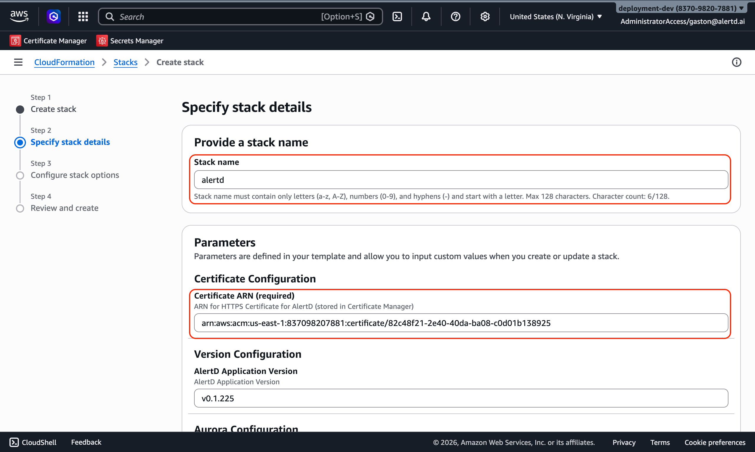 Stack name and certificate ARN input fields