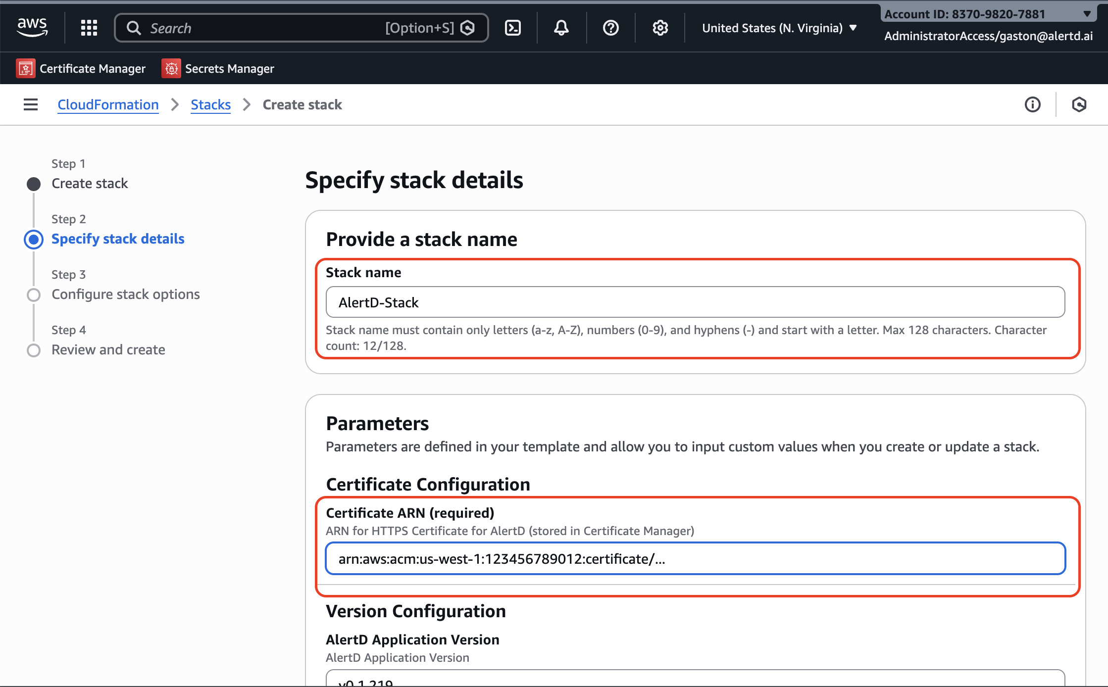 Stack name and certificate ARN input fields