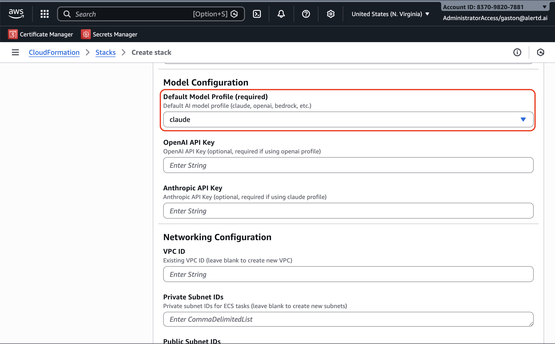 Model configuration dropdown showing claude, openai, and anthropic options