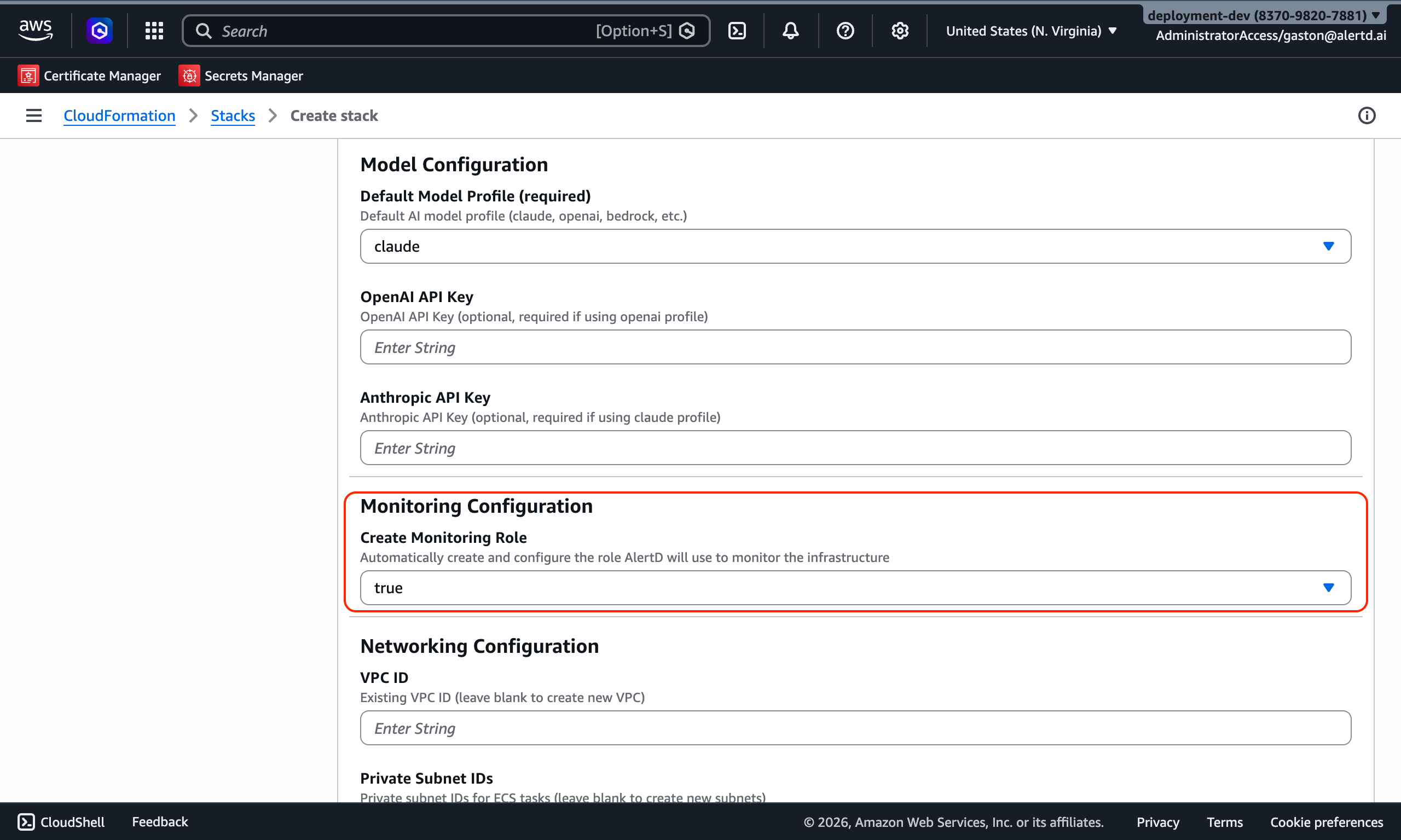 Monitoring configuration showing CreateMonitoringRole parameter