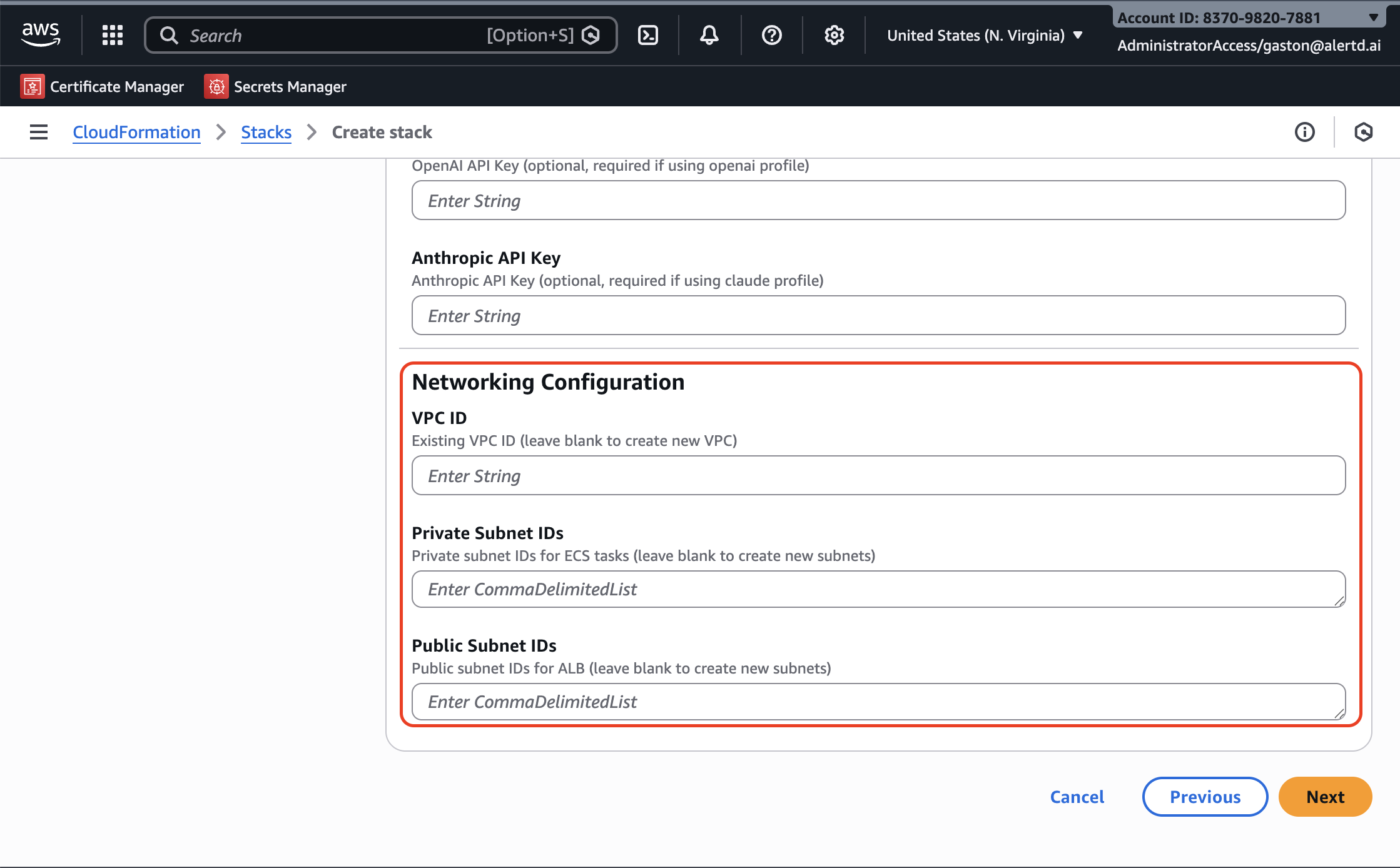 Networking configuration showing VPC ID and subnet fields