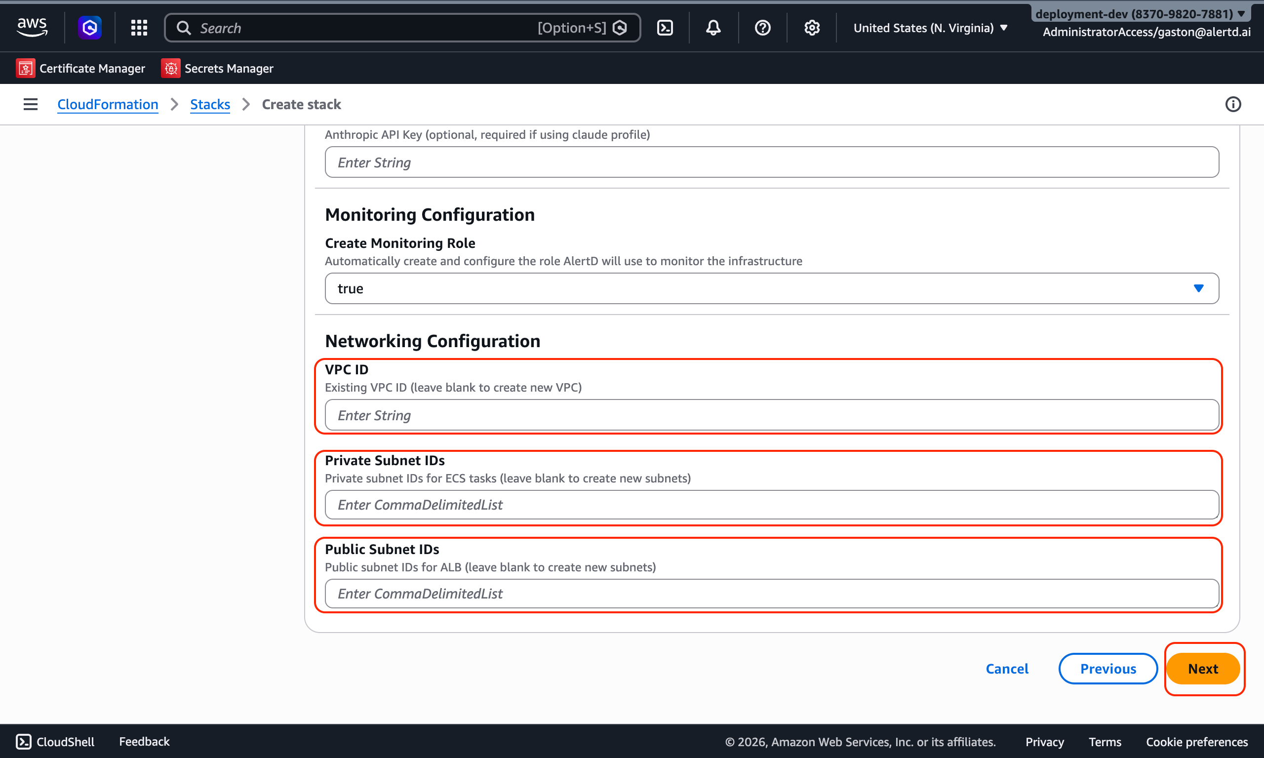 Networking configuration showing VPC ID and subnet fields