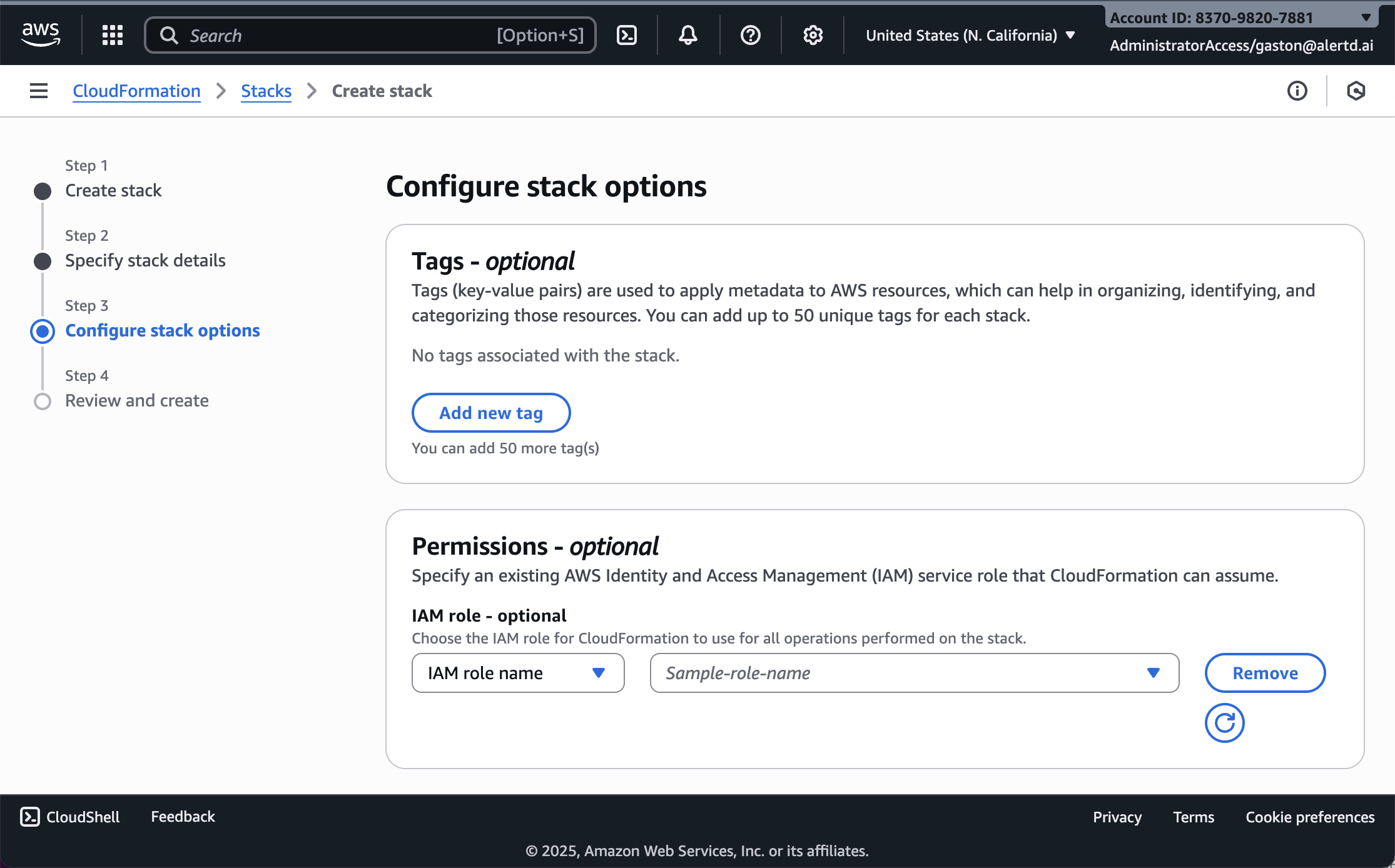 Stack options page showing tags, permissions, and notification settings