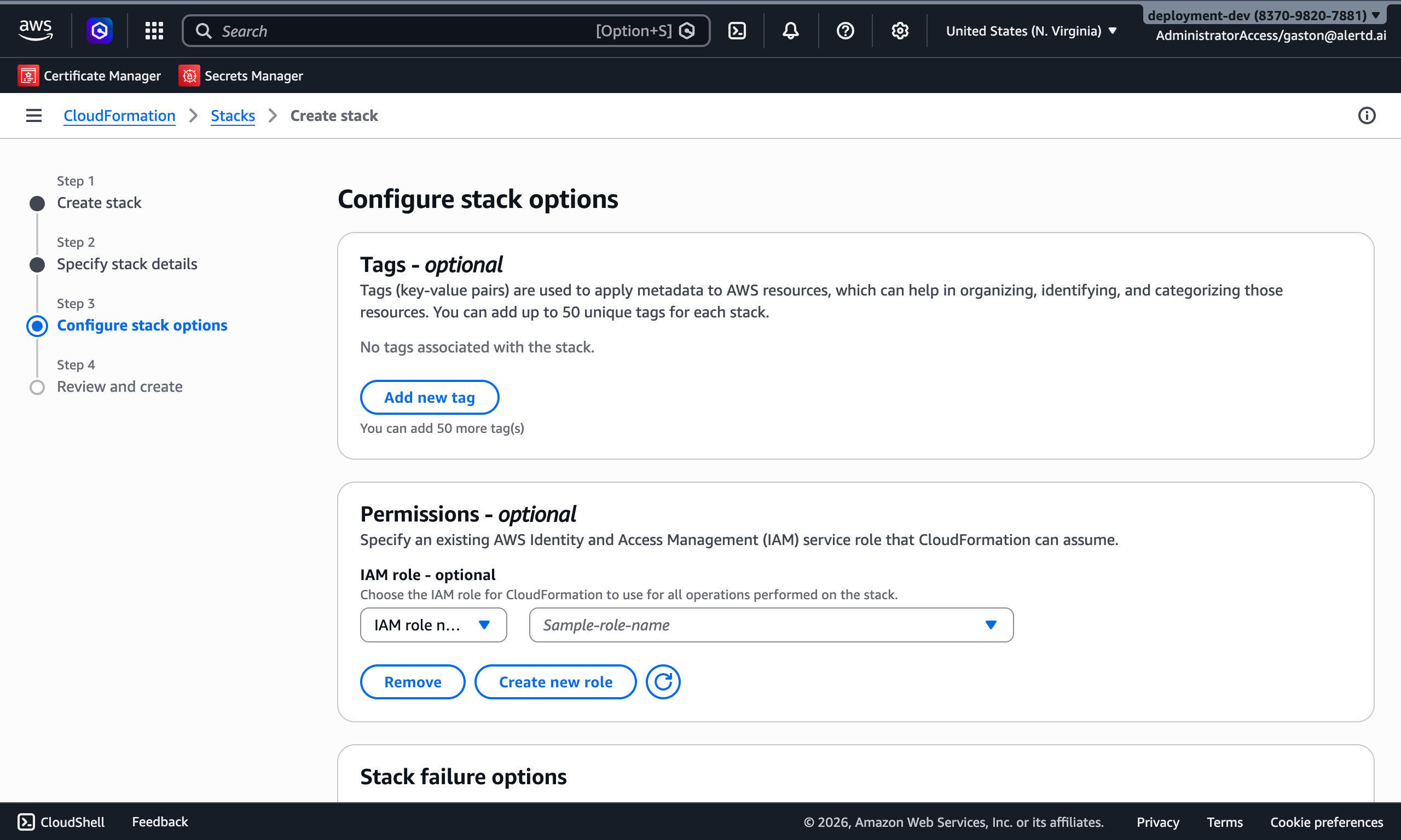 Stack options page showing tags, permissions, and notification settings