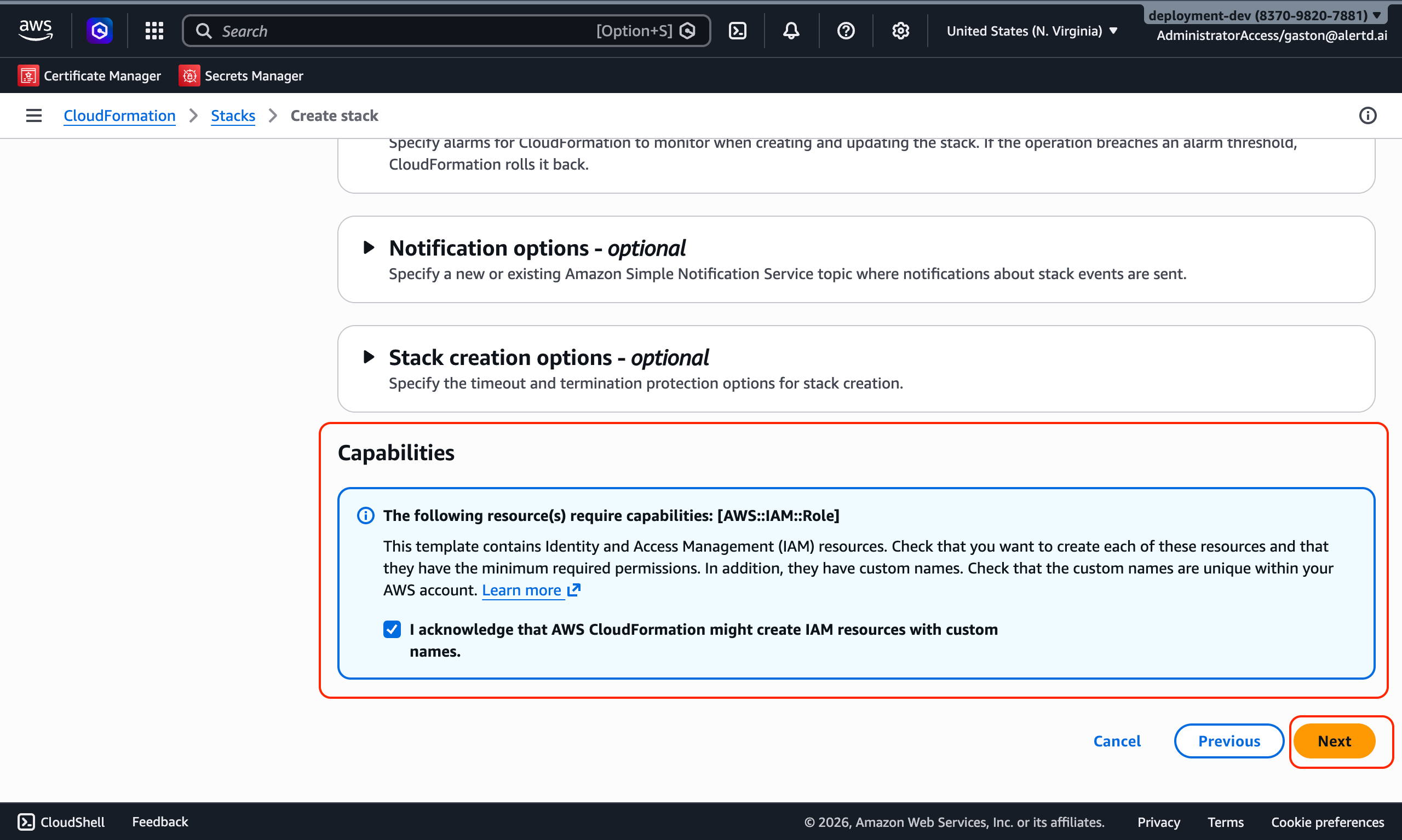 Capabilities checkbox for acknowledging IAM resource creation