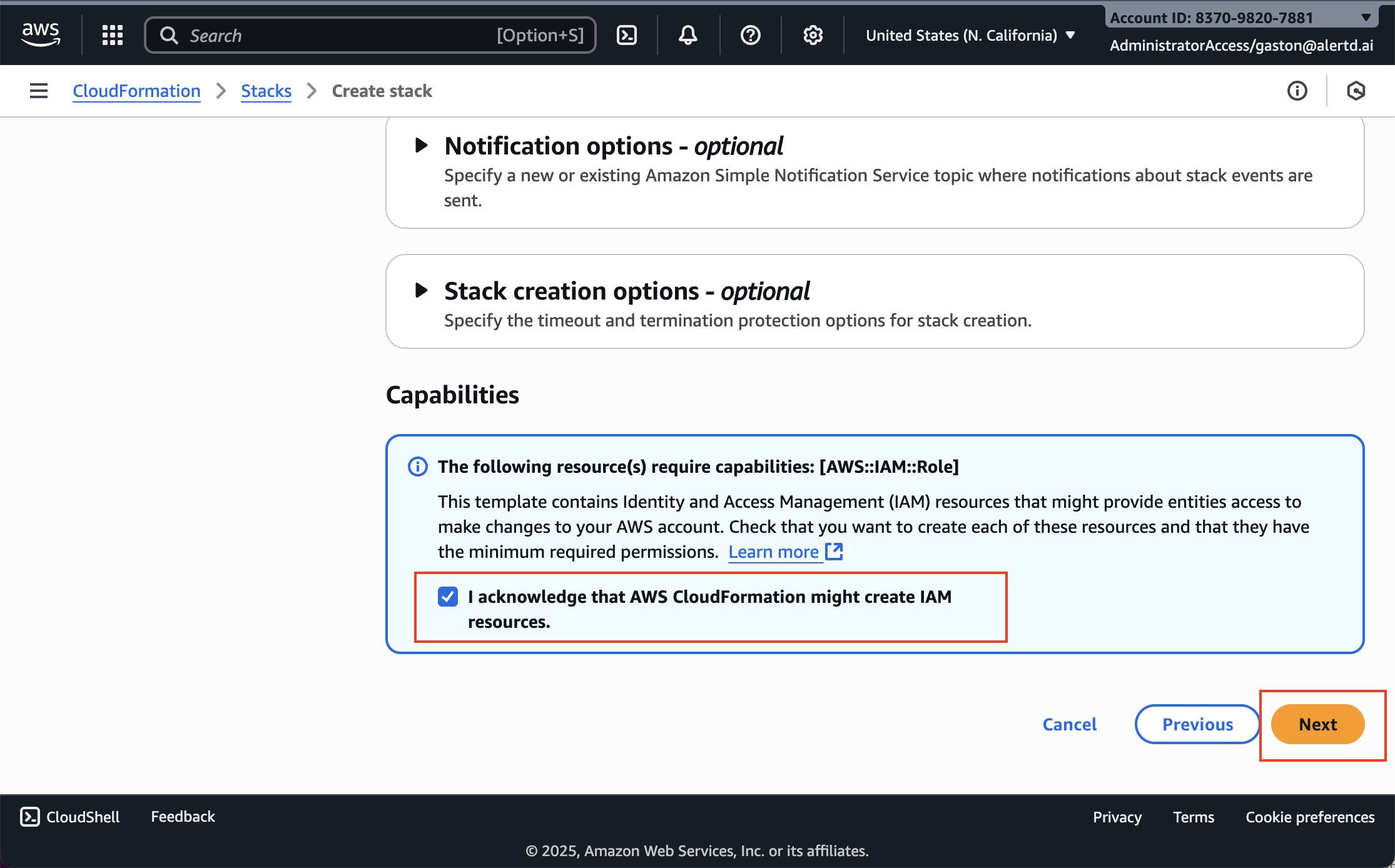 Capabilities checkbox for acknowledging IAM resource creation