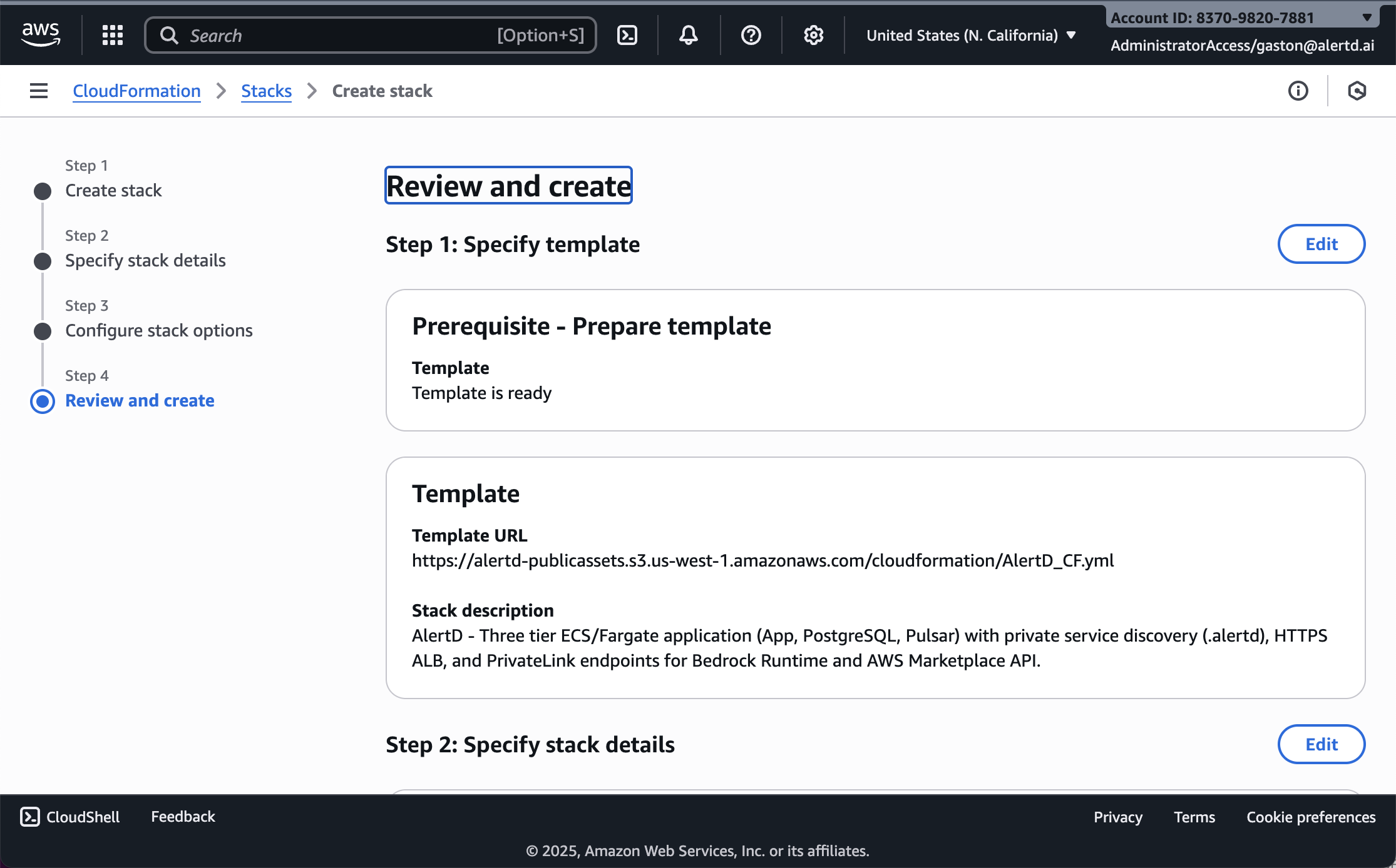 Review and create page showing stack configuration summary
