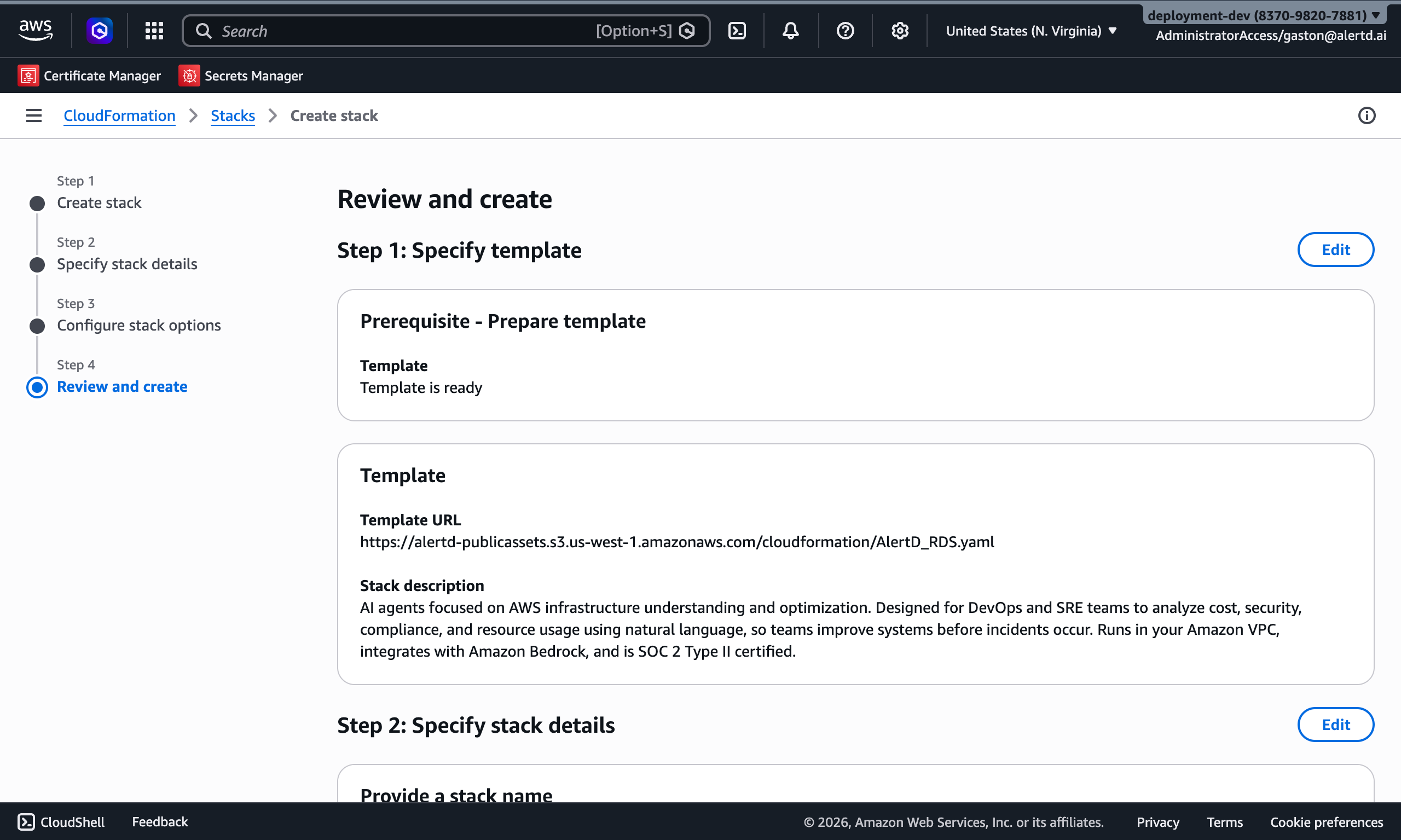 Review and create page showing stack configuration summary