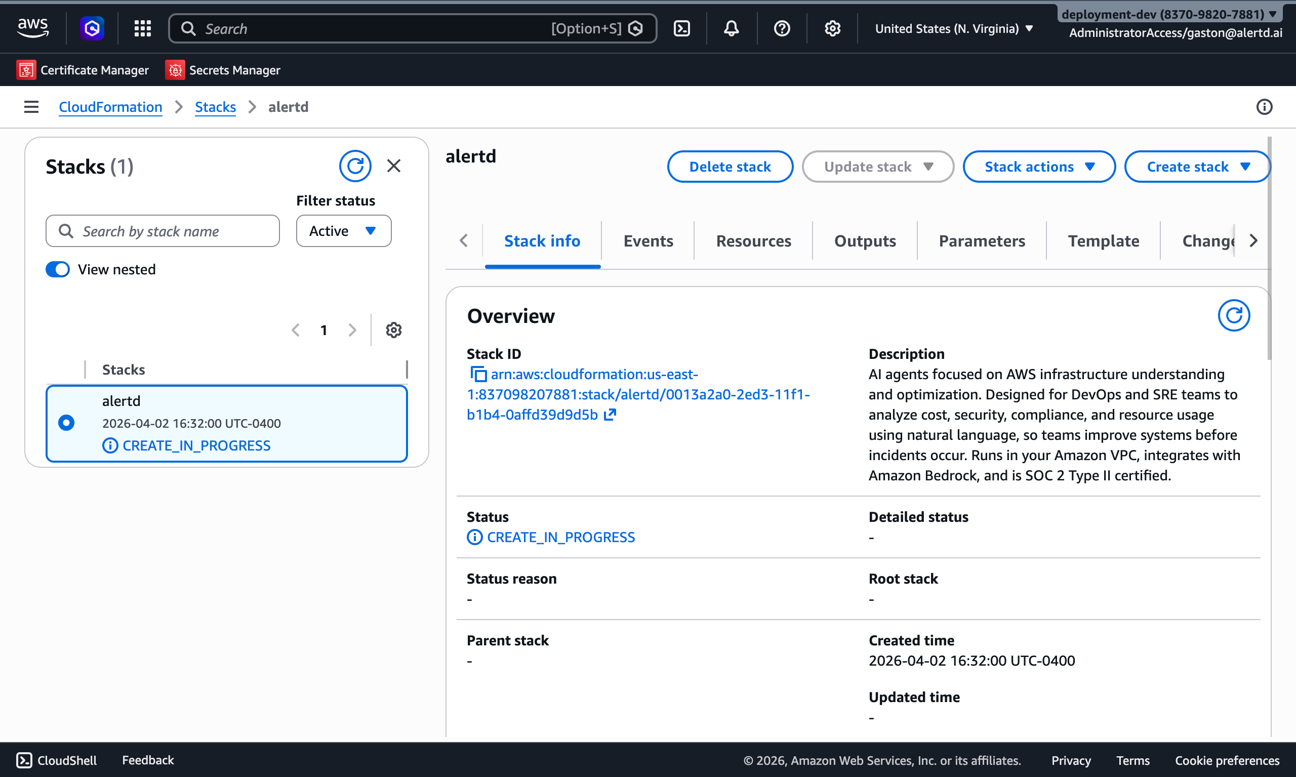 Stack events showing CREATE_IN_PROGRESS status
