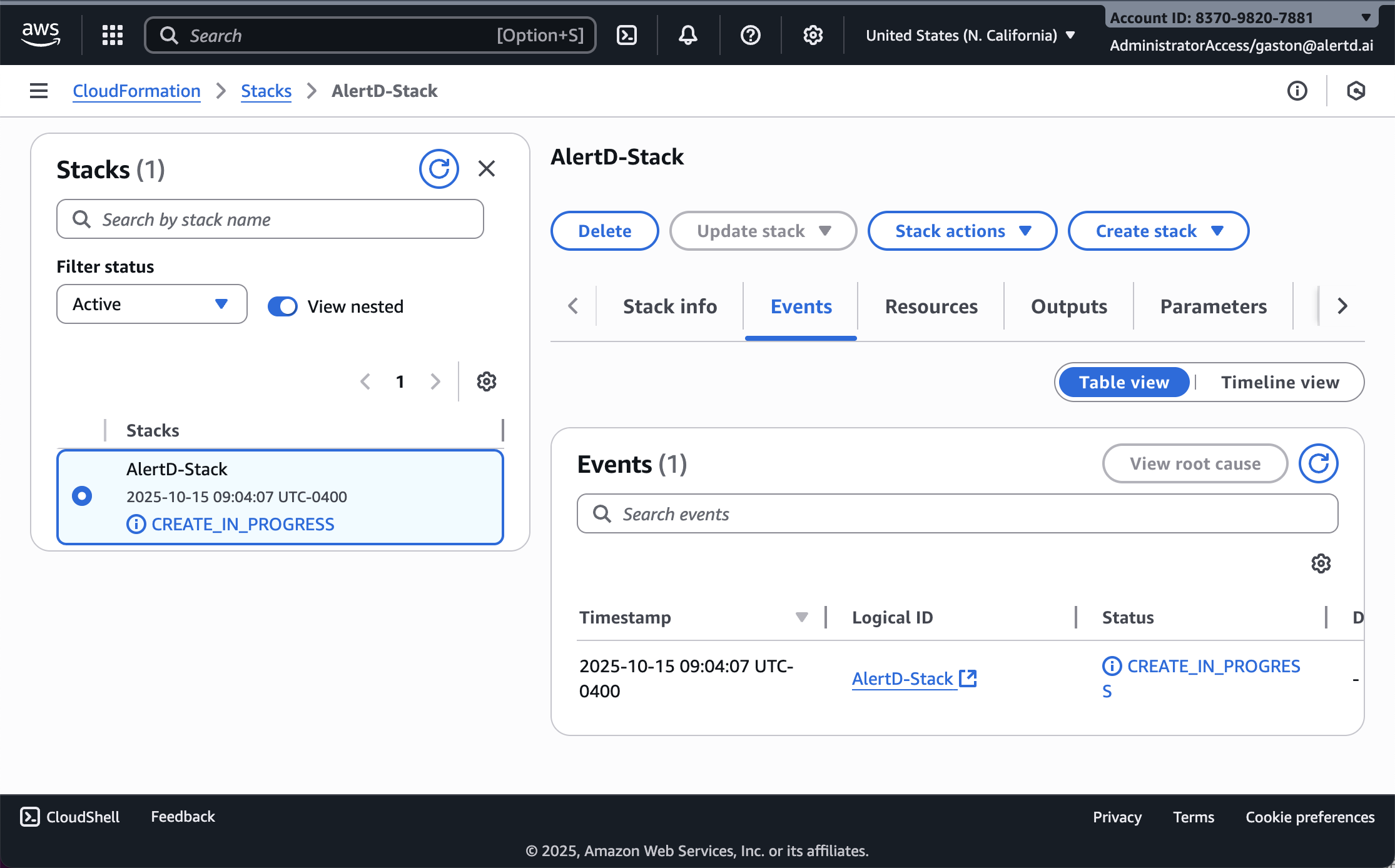 Stack events showing CREATE_IN_PROGRESS status