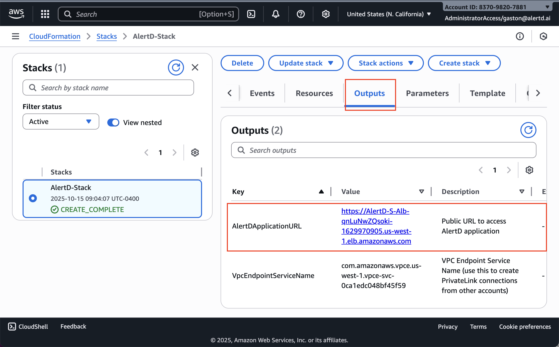 Stack outputs tab showing AlertDApplicationURL and VpcEndpointServiceName