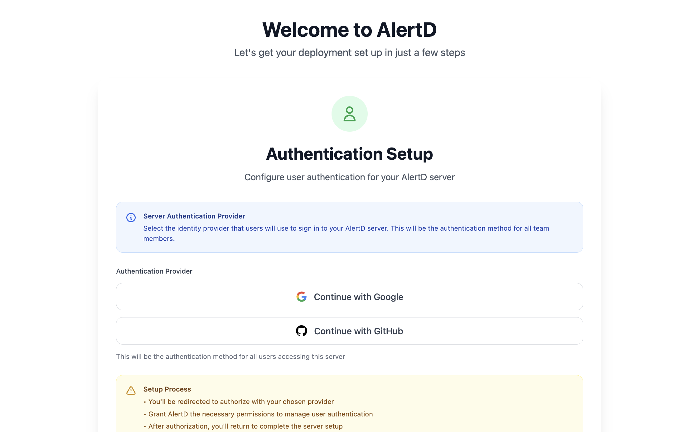 AlertD Authentication Setup screen showing Google and GitHub login options