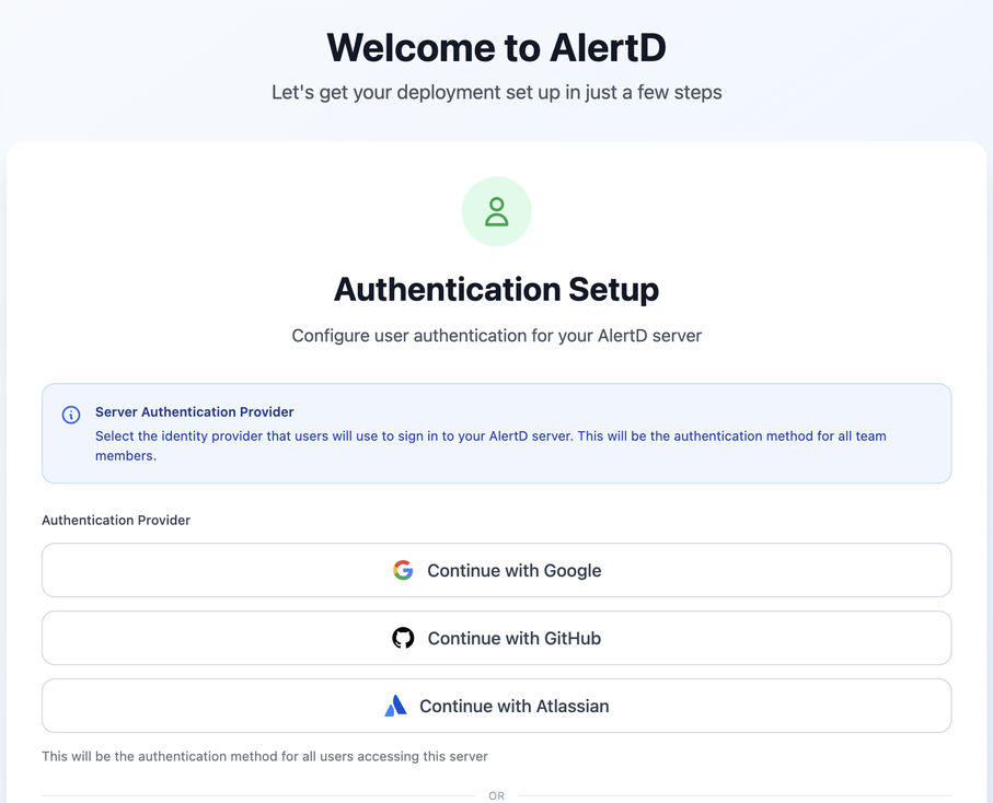 AlertD Authentication Setup screen showing Google, GitHub and Atlassian sign-in options