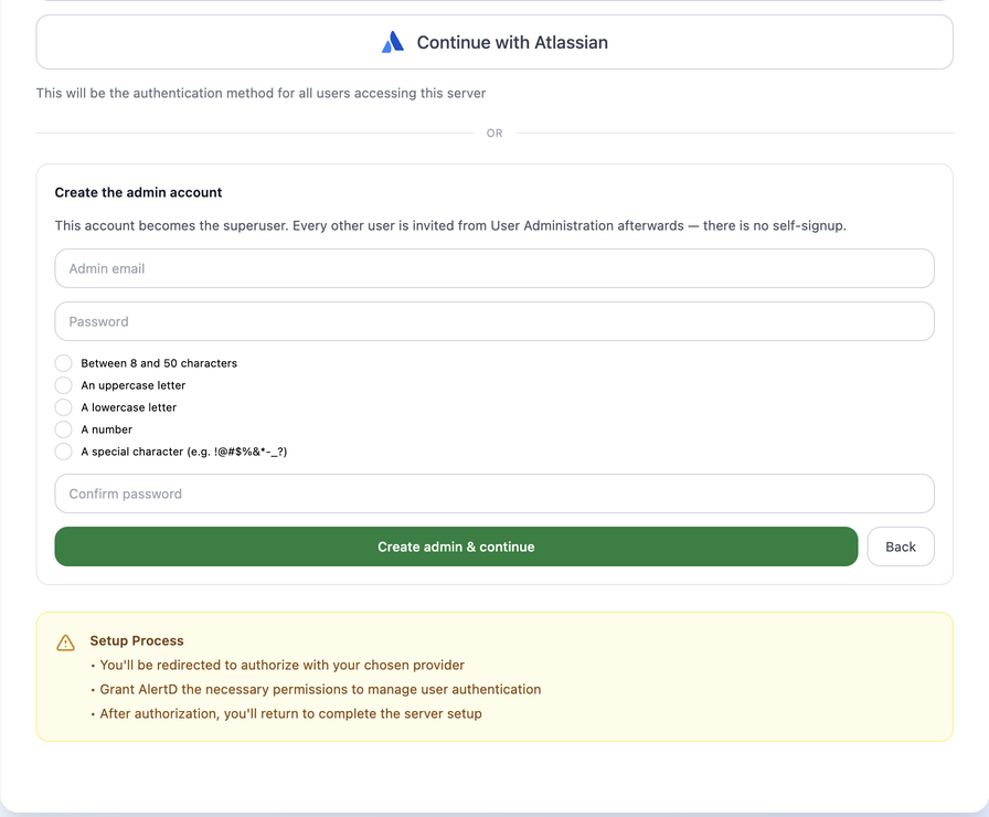 Create the admin account form with admin email, password rules and Create admin & continue button