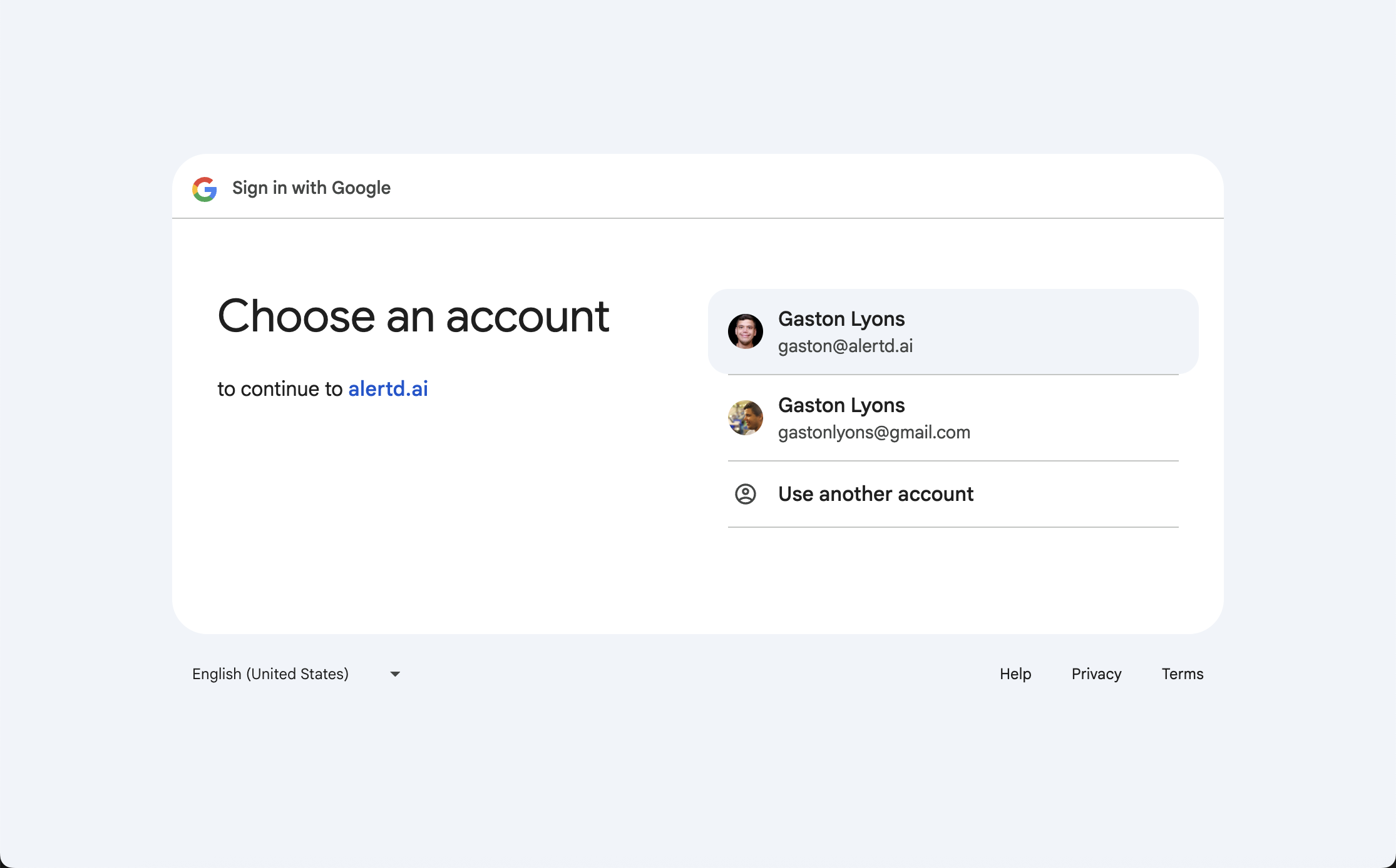 Google account selection dialog for AlertD