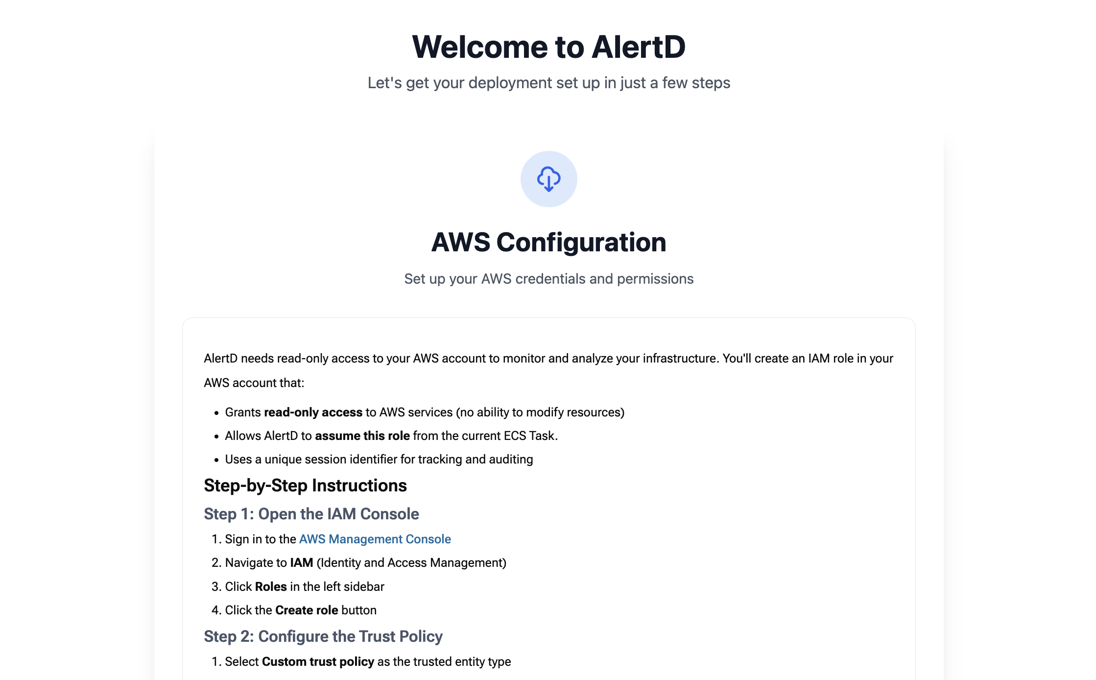 AWS Configuration screen showing IAM Policy Document and Trust Policy