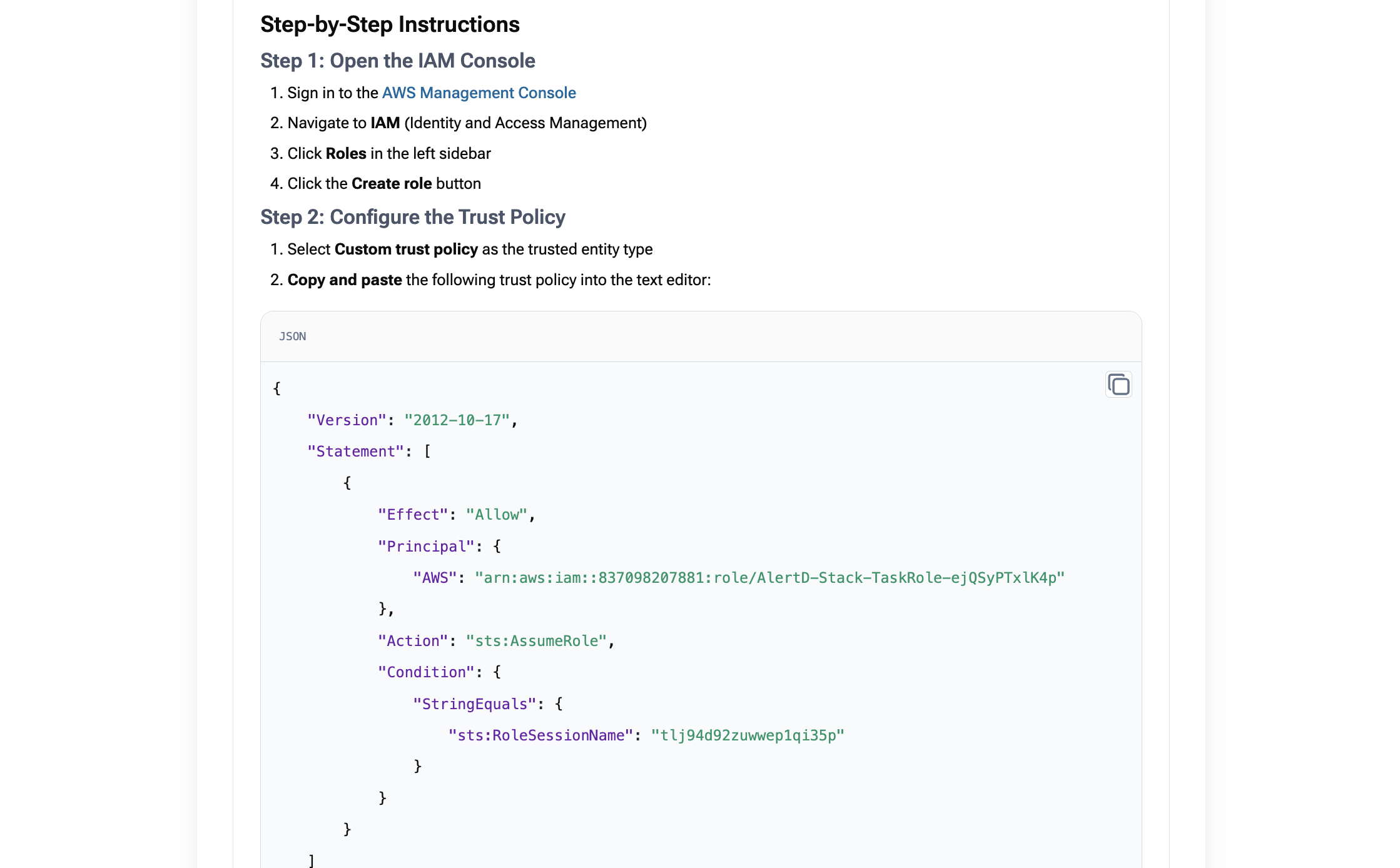 Trust Policy JSON showing the AssumeRole configuration