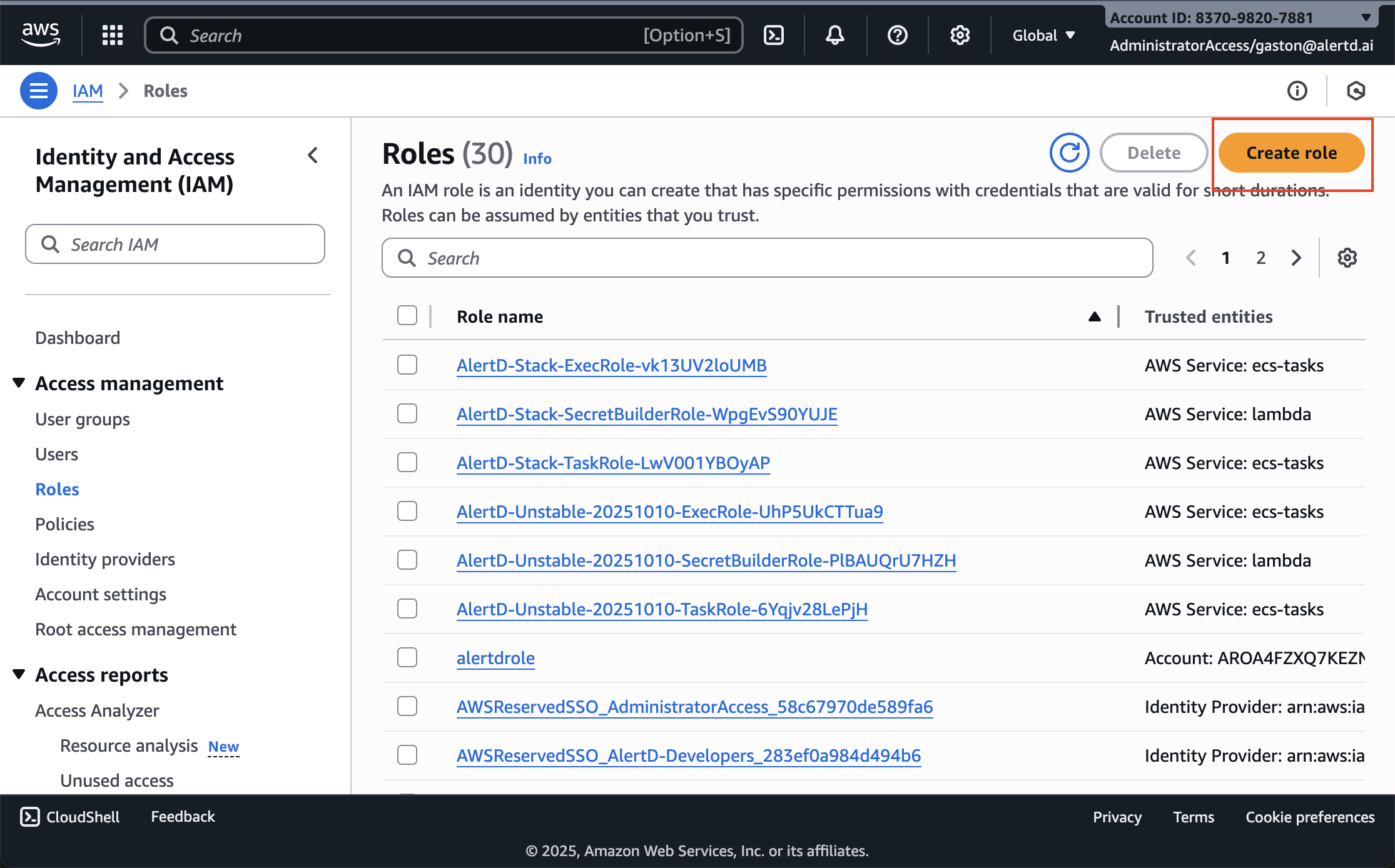IAM Roles list view with Create role button