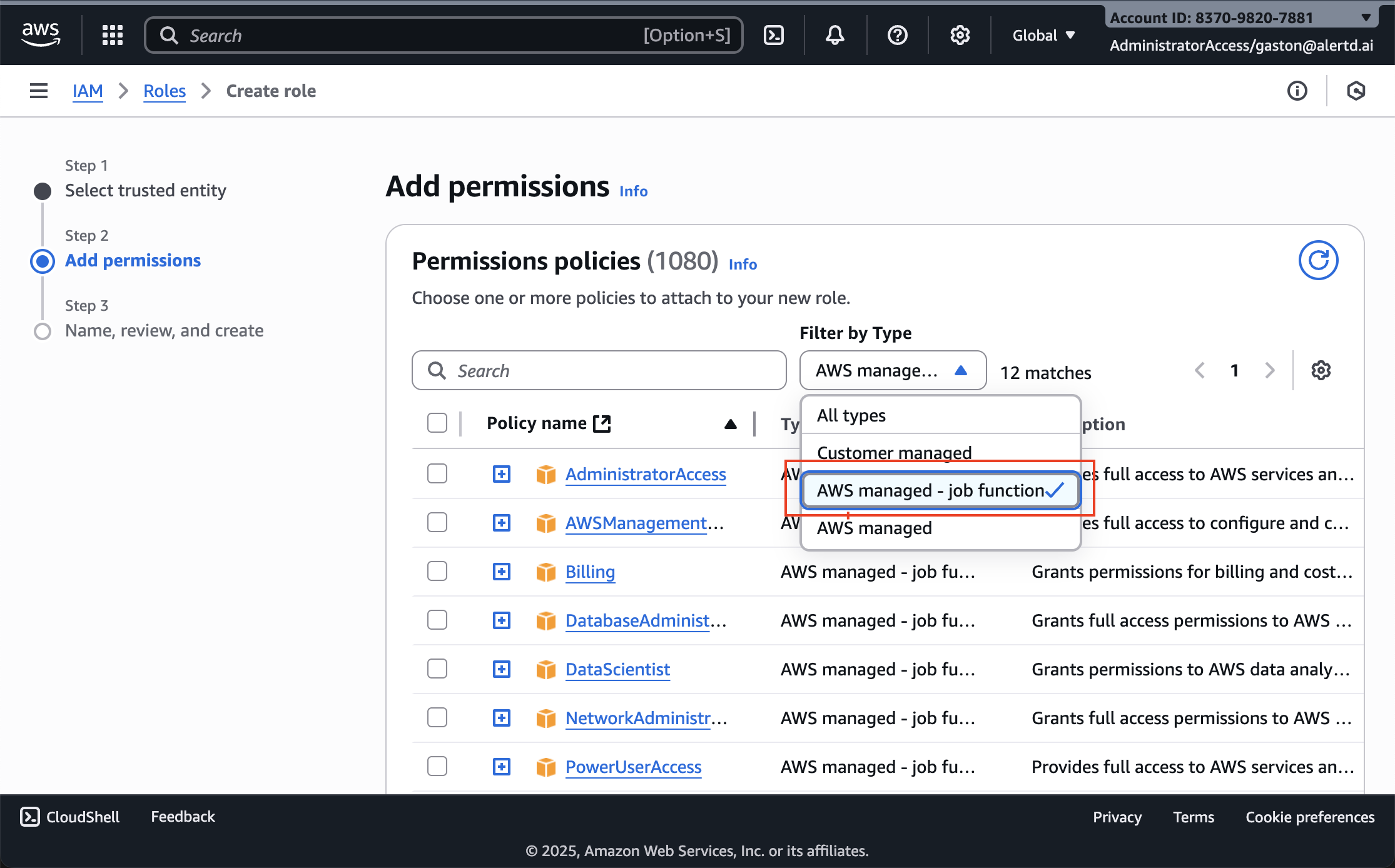 Add permissions page with filter dropdown showing job function category