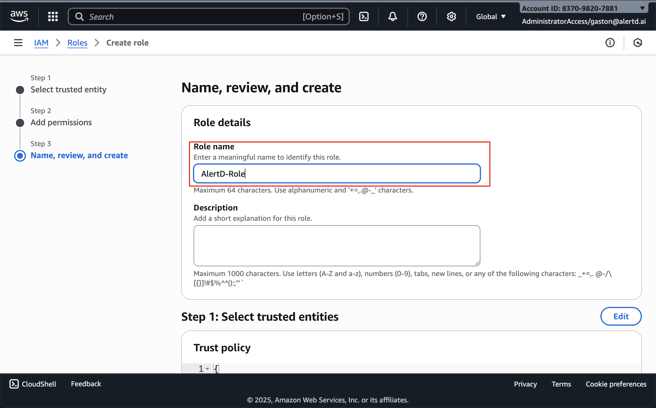 Role name input field with AlertD-Role entered