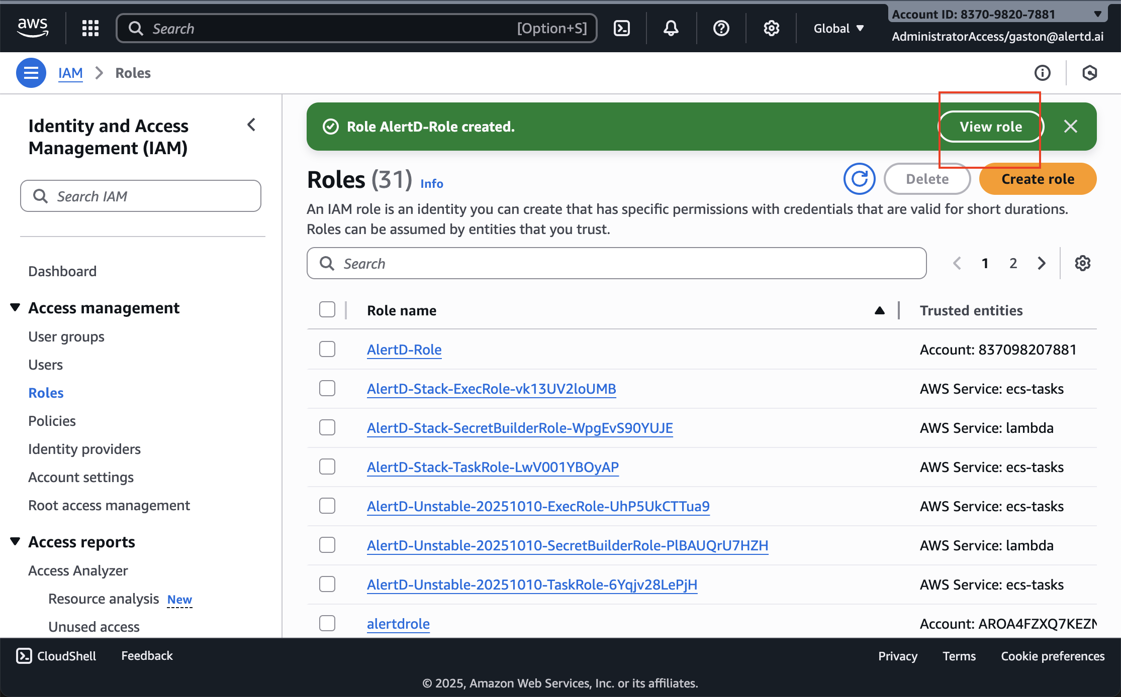 Success banner showing Role AlertD-Role created with View role button