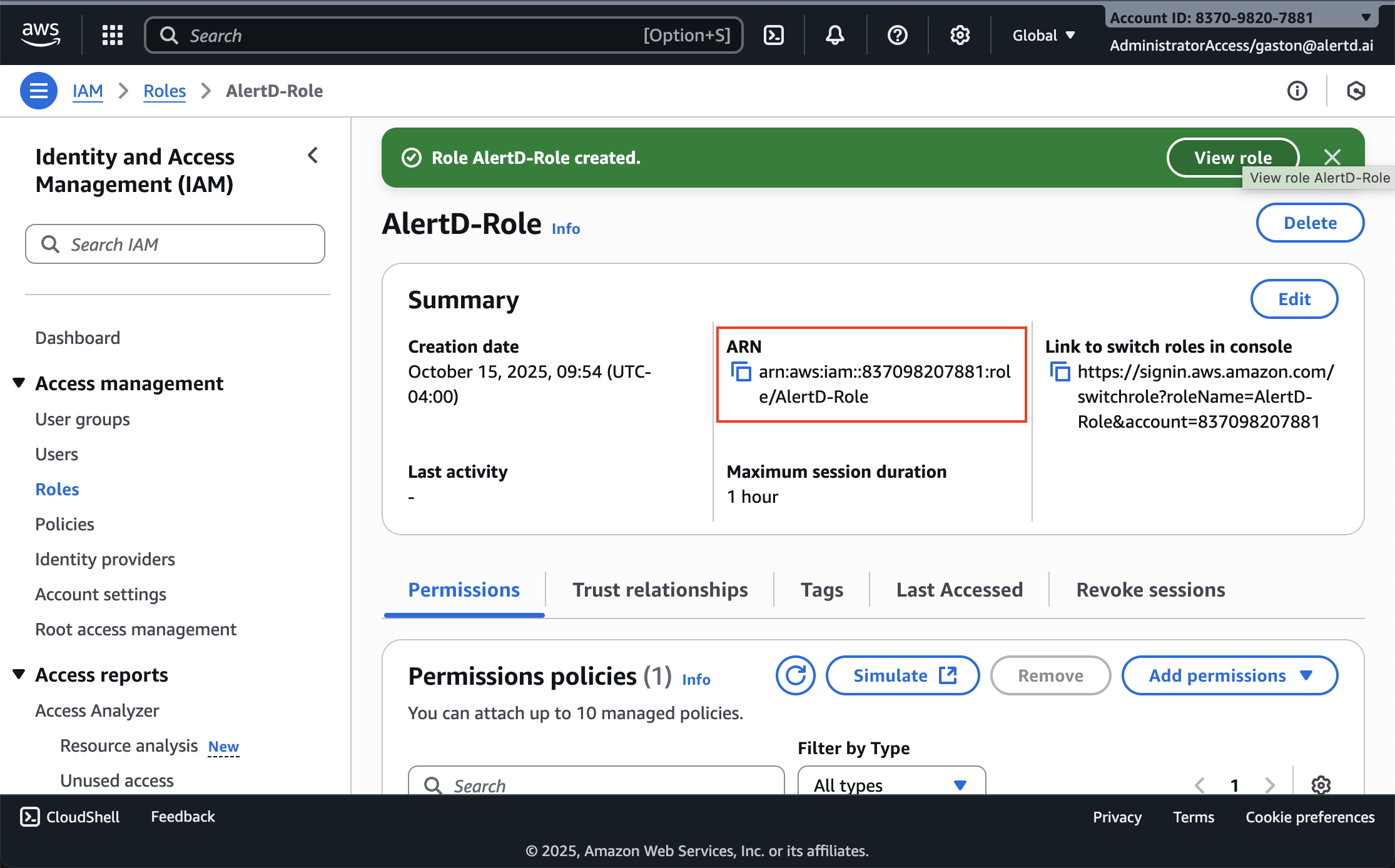 AlertD-Role summary page showing role ARN