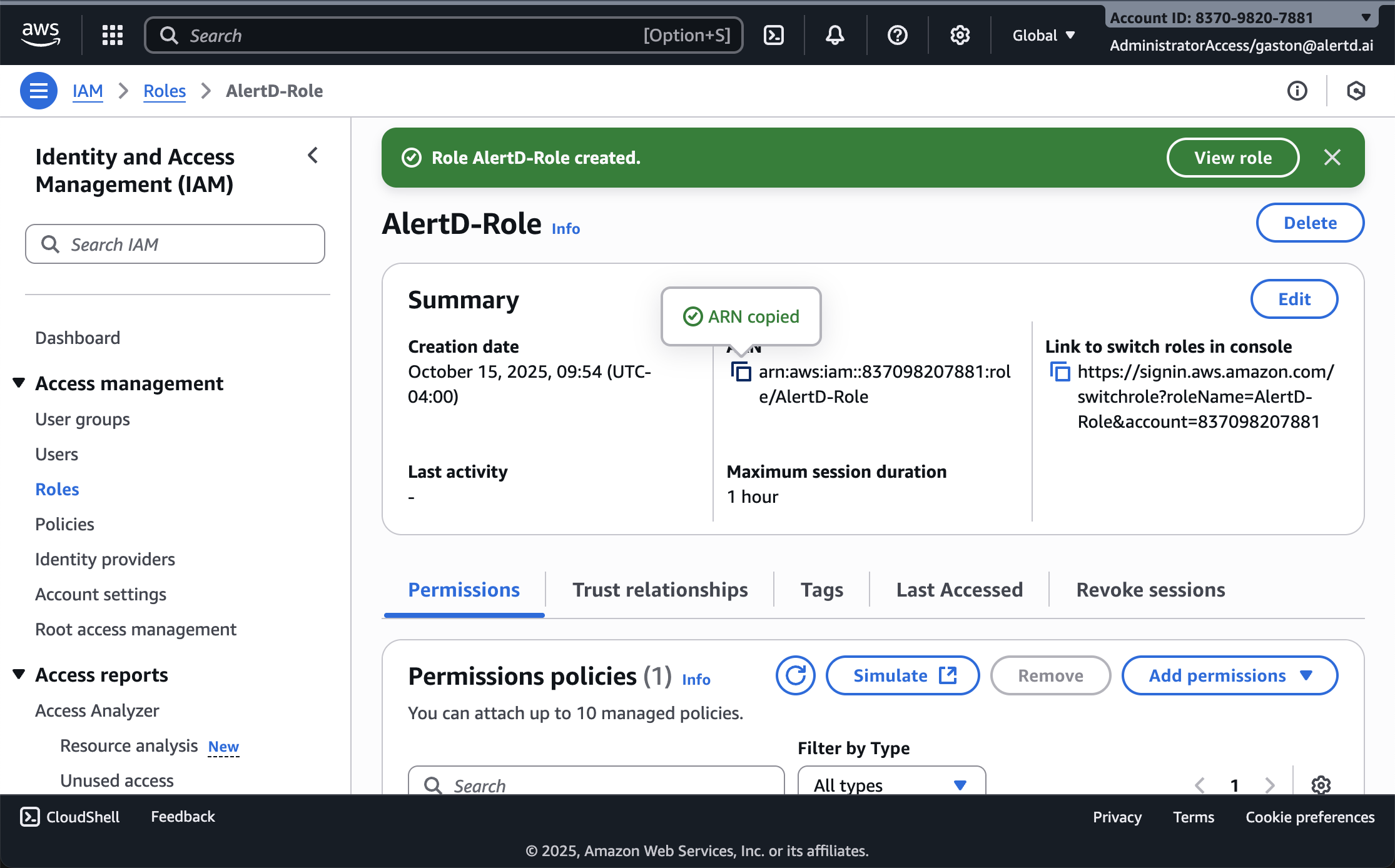 ARN field highlighted with copy button
