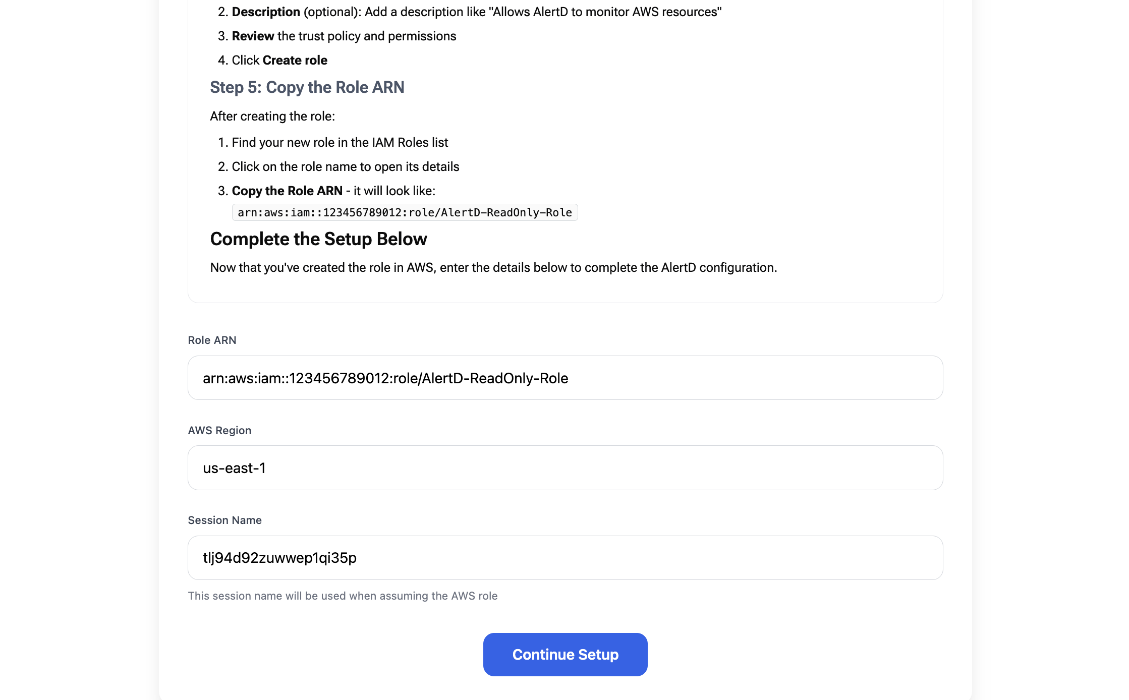 AlertD setup screen with Role ARN and AWS Region input fields