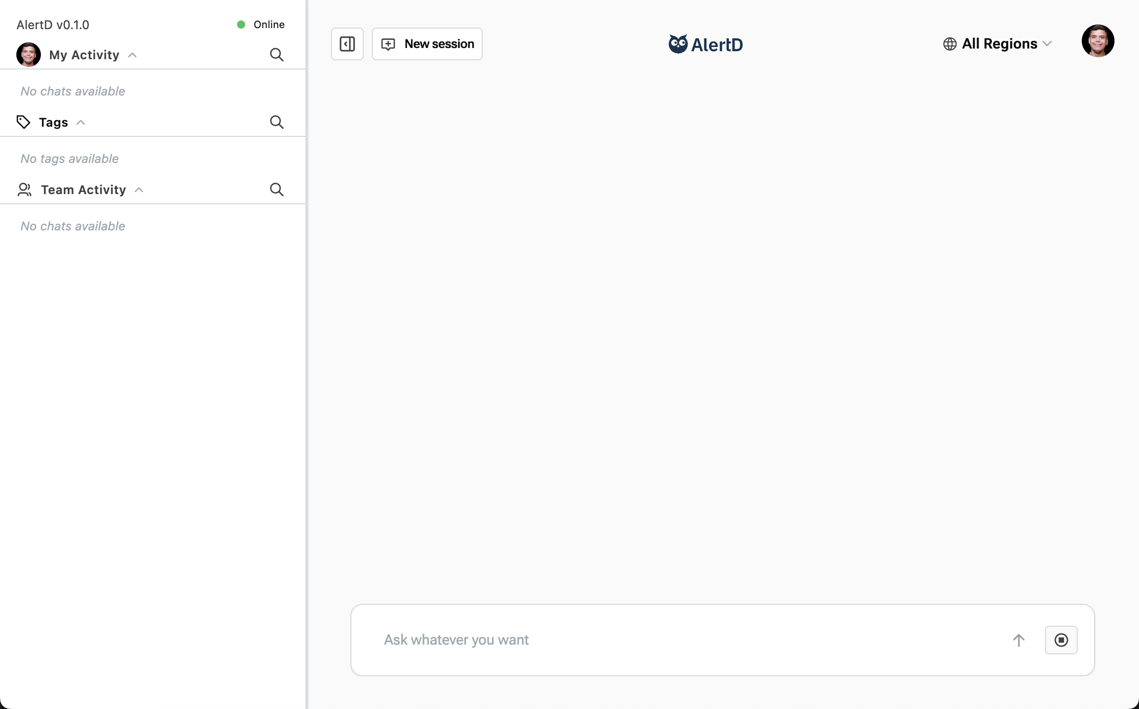 AlertD main workspace showing My Activity, Tags, and Team Activity sidebar