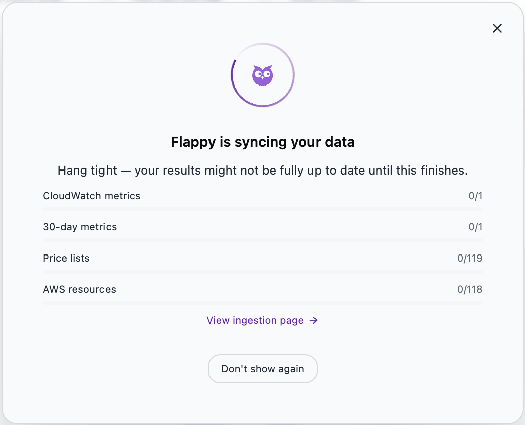 Flappy is syncing your data dialog showing progress counters for CloudWatch metrics, 30-day metrics, price lists and AWS resources