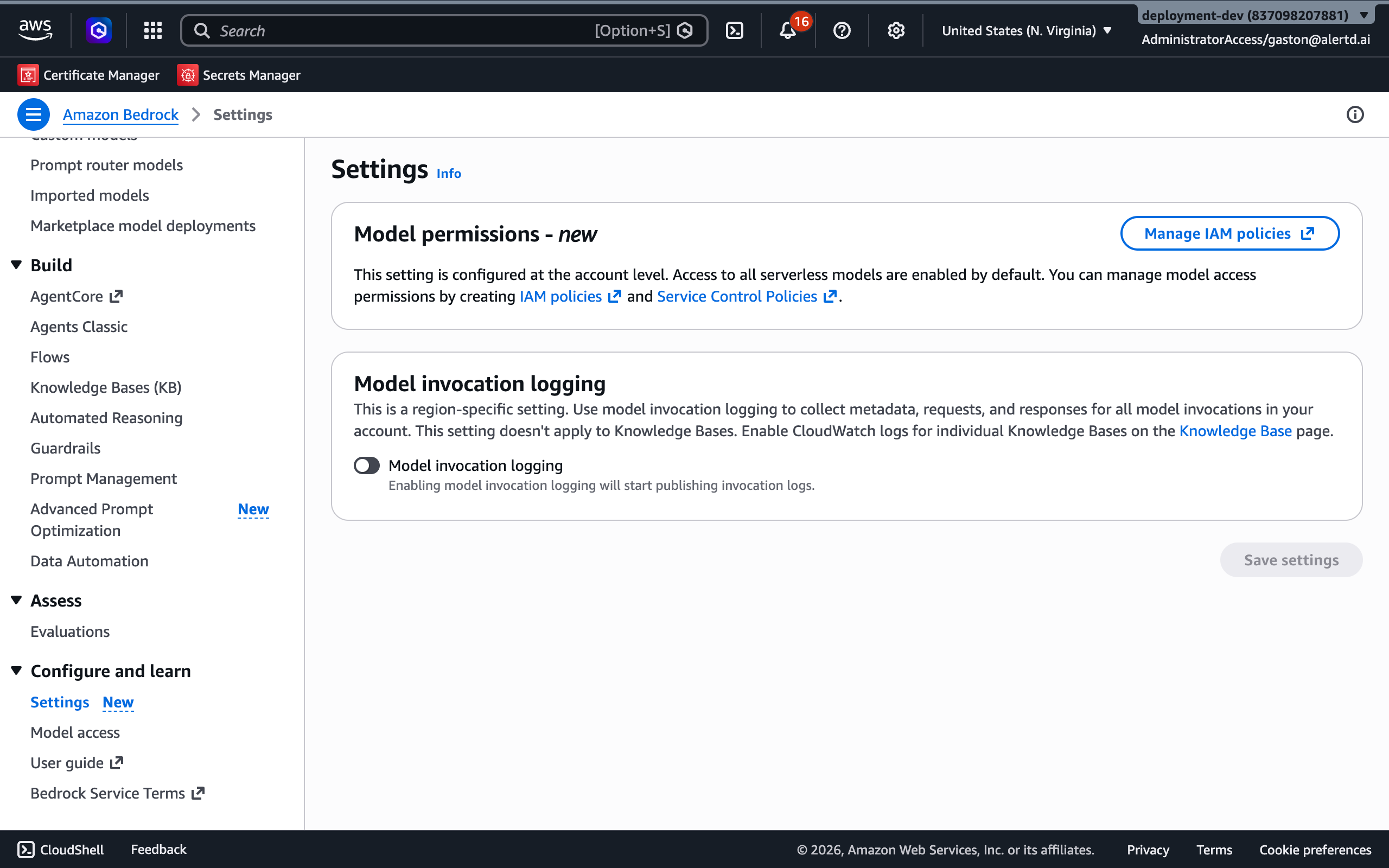Amazon Bedrock Settings page with the Model invocation logging toggle turned off