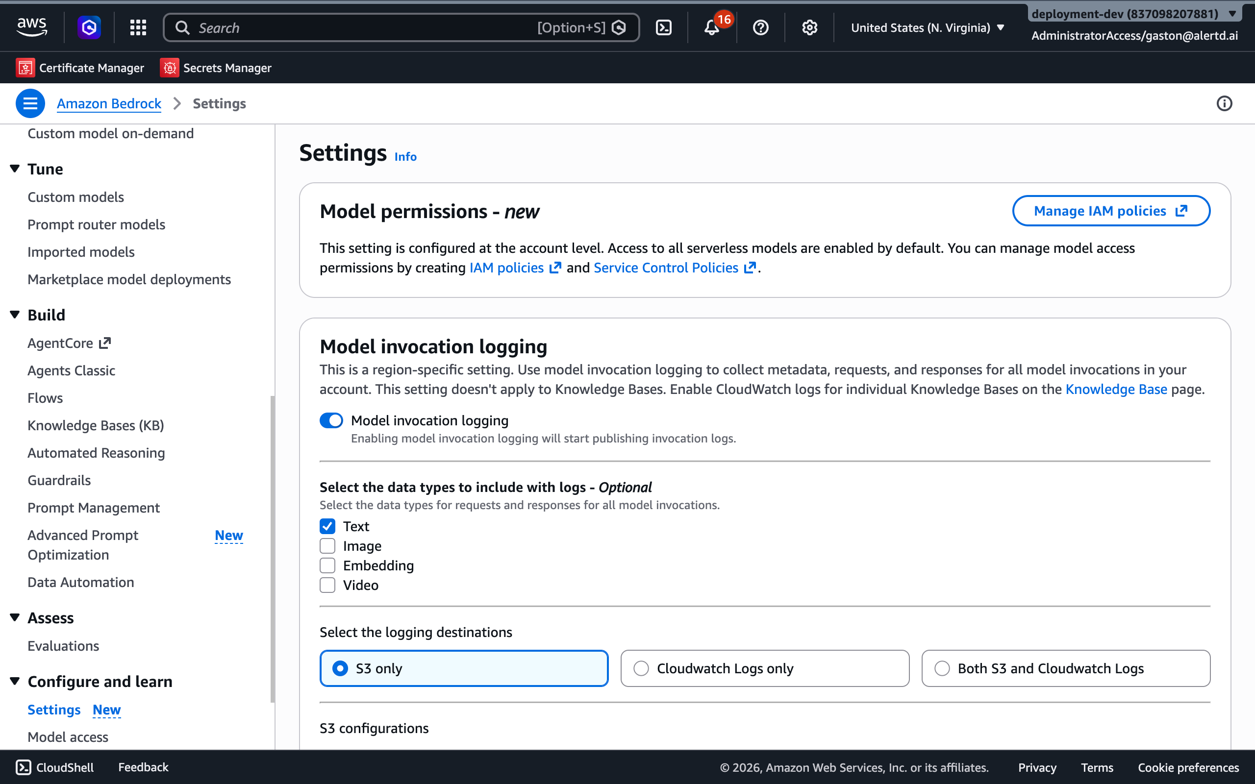Bedrock Settings with model invocation logging enabled, Text data type selected, and S3 only destination