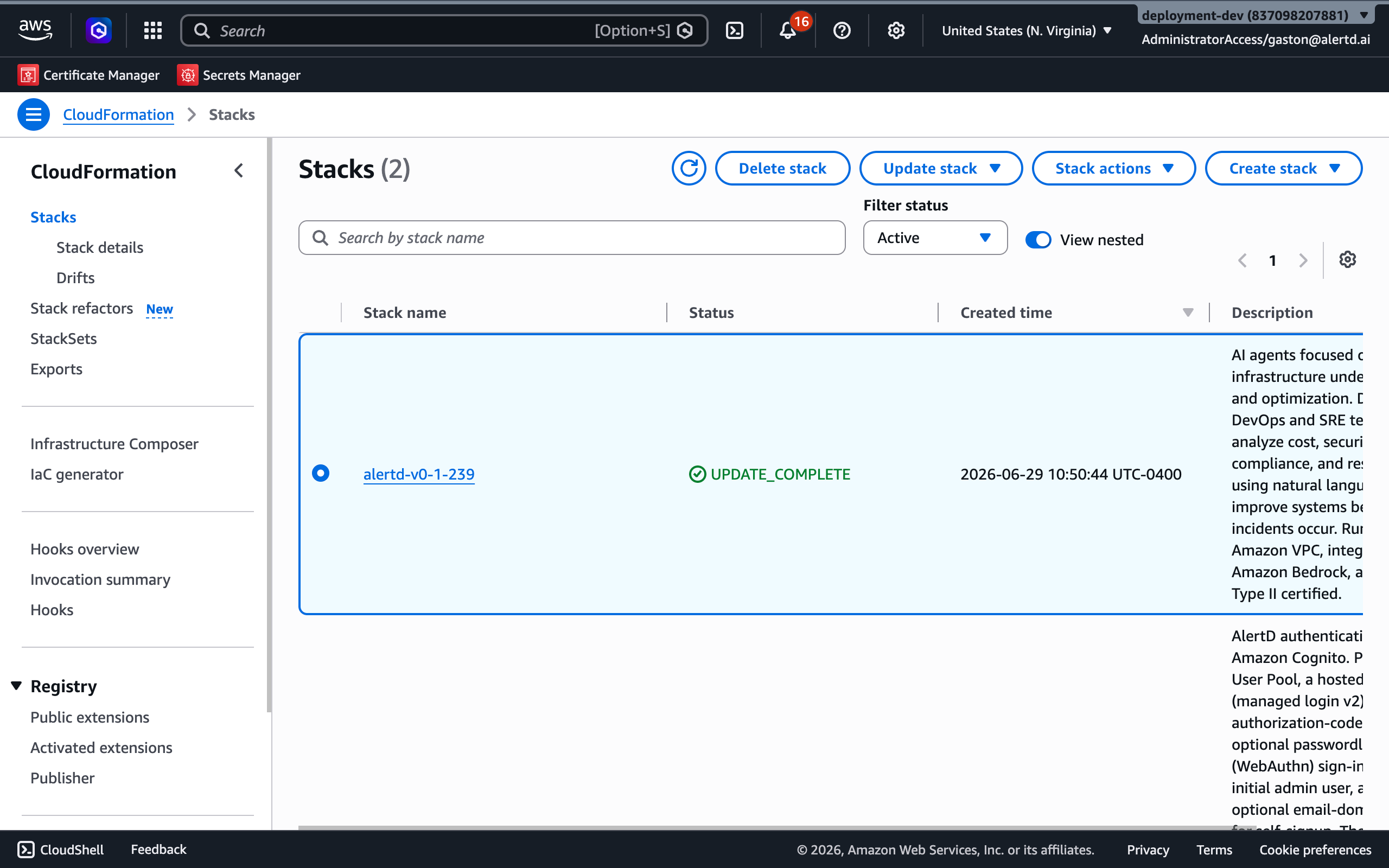 CloudFormation Stacks list showing the AlertD stack