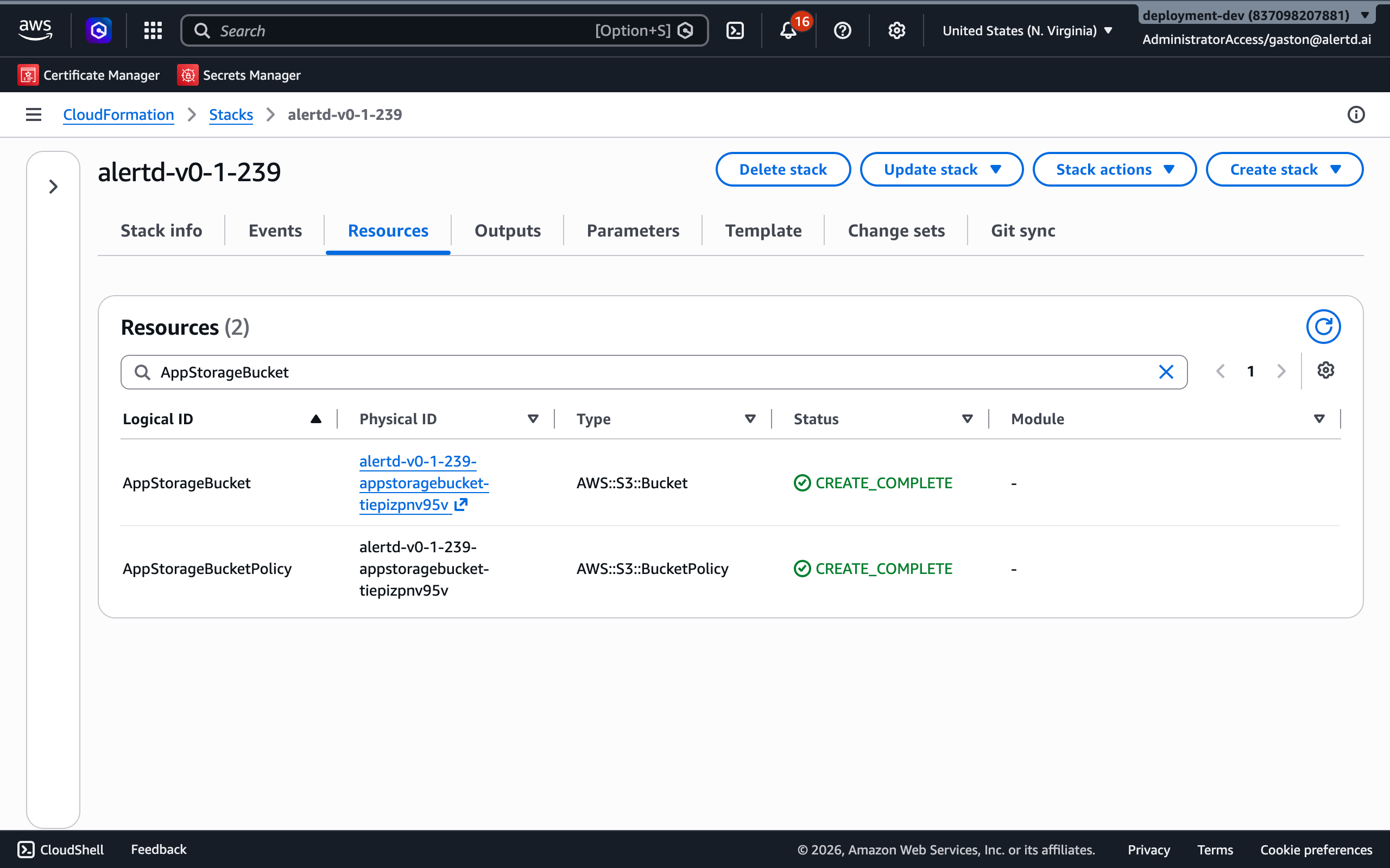 CloudFormation Resources tab filtered to AppStorageBucket