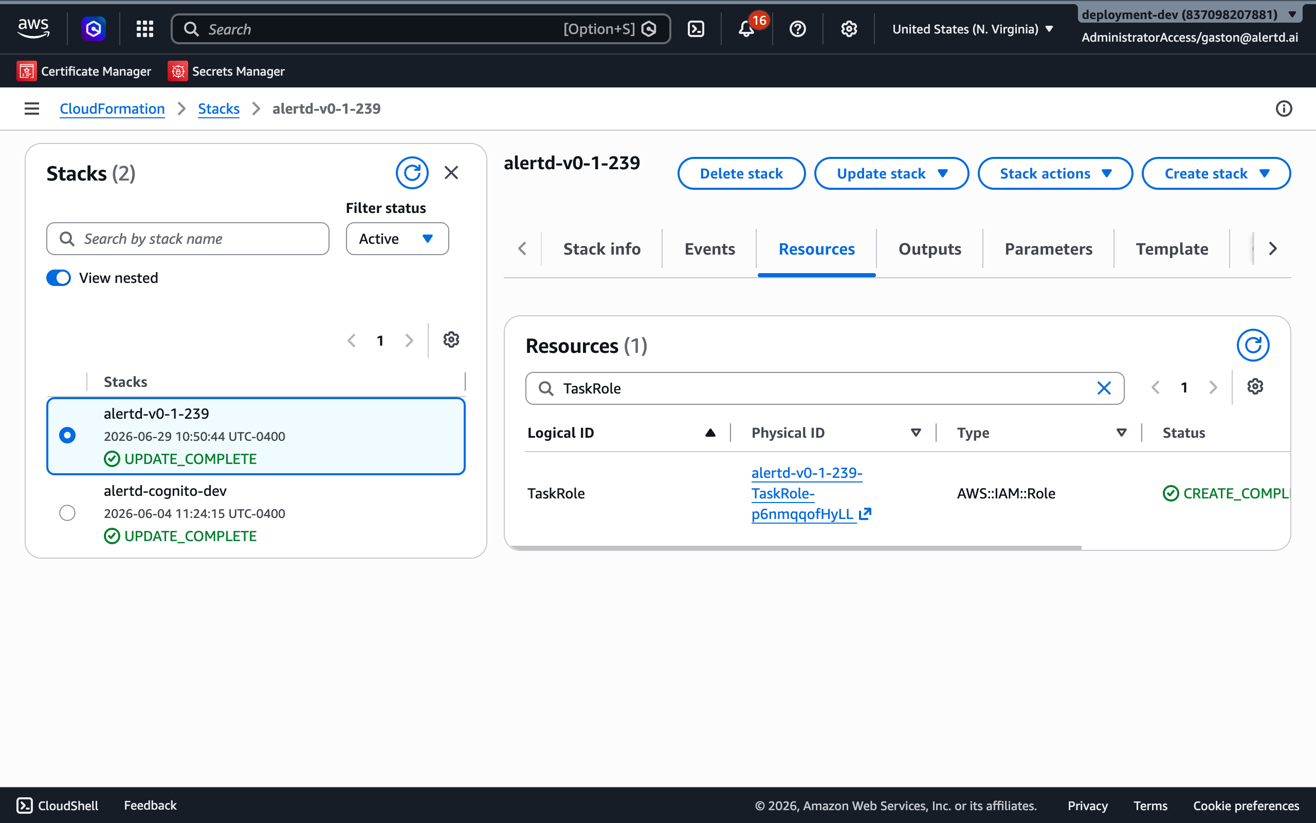 CloudFormation Resources tab filtered to TaskRole