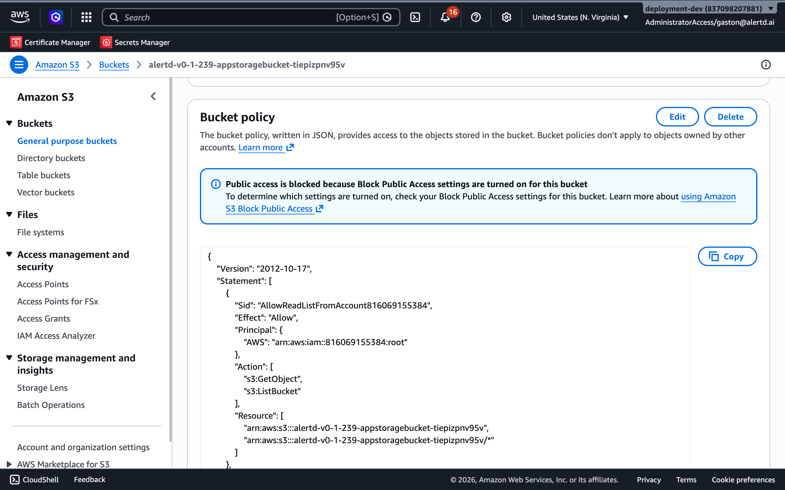 S3 bucket policy view showing an existing statement