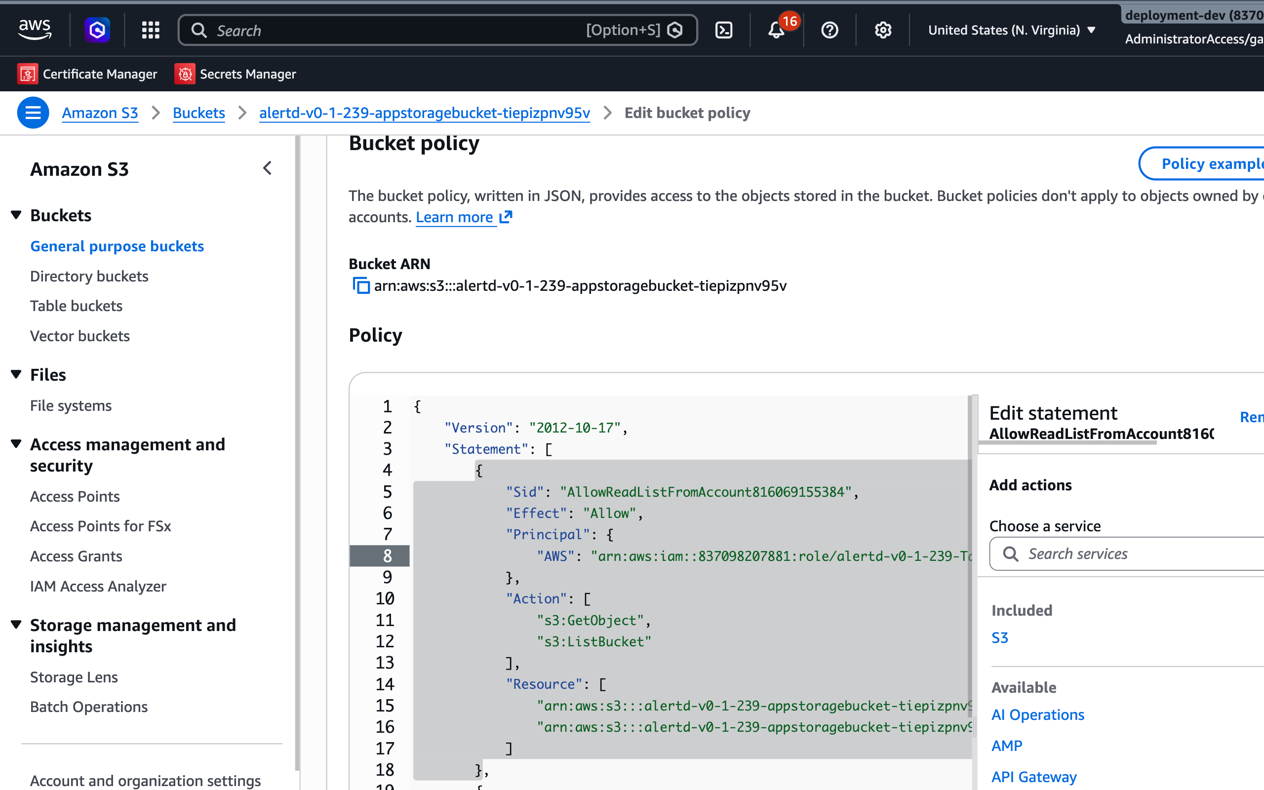 S3 Edit bucket policy screen with the AlertD task role set as the principal