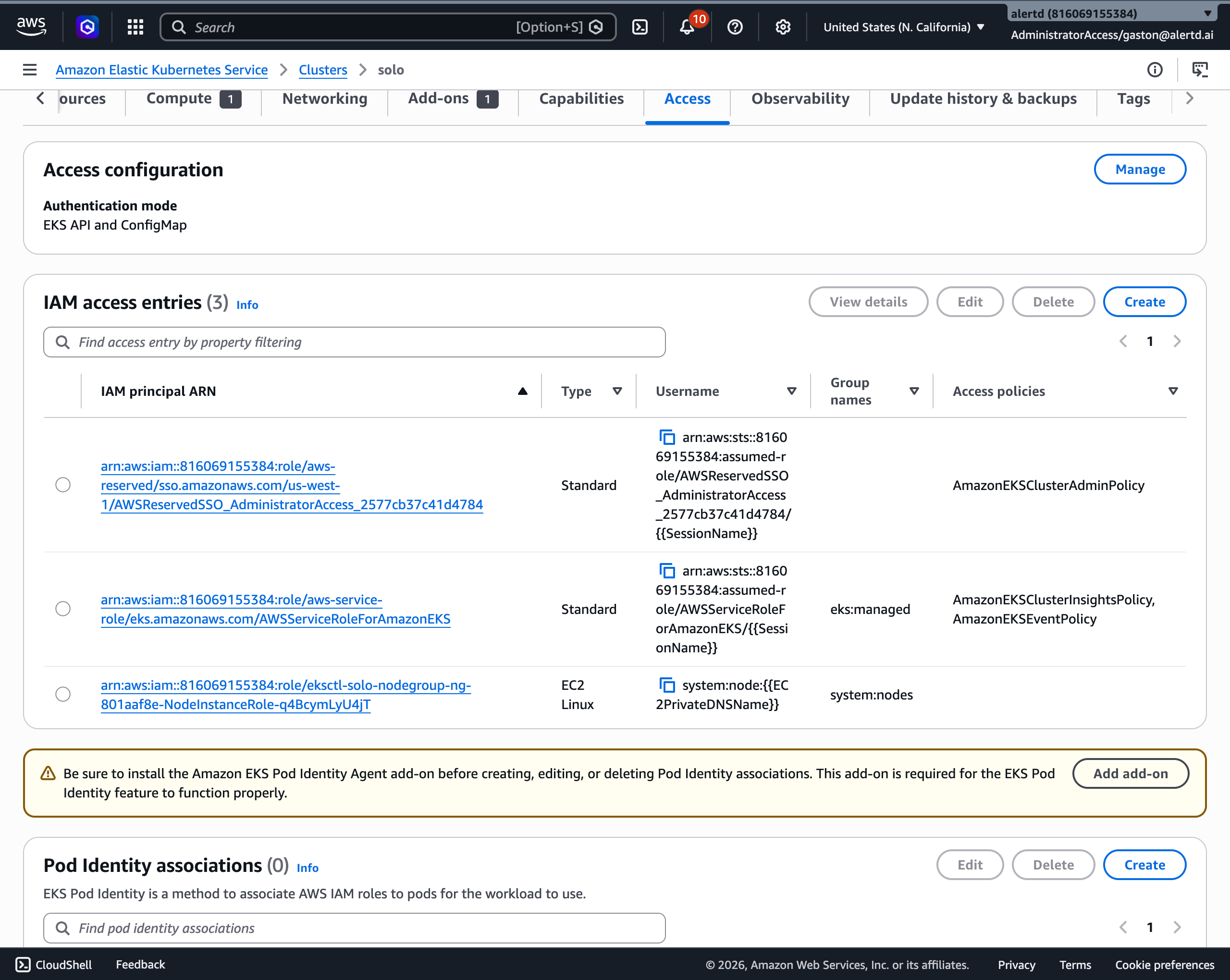EKS cluster Access tab showing IAM access entries