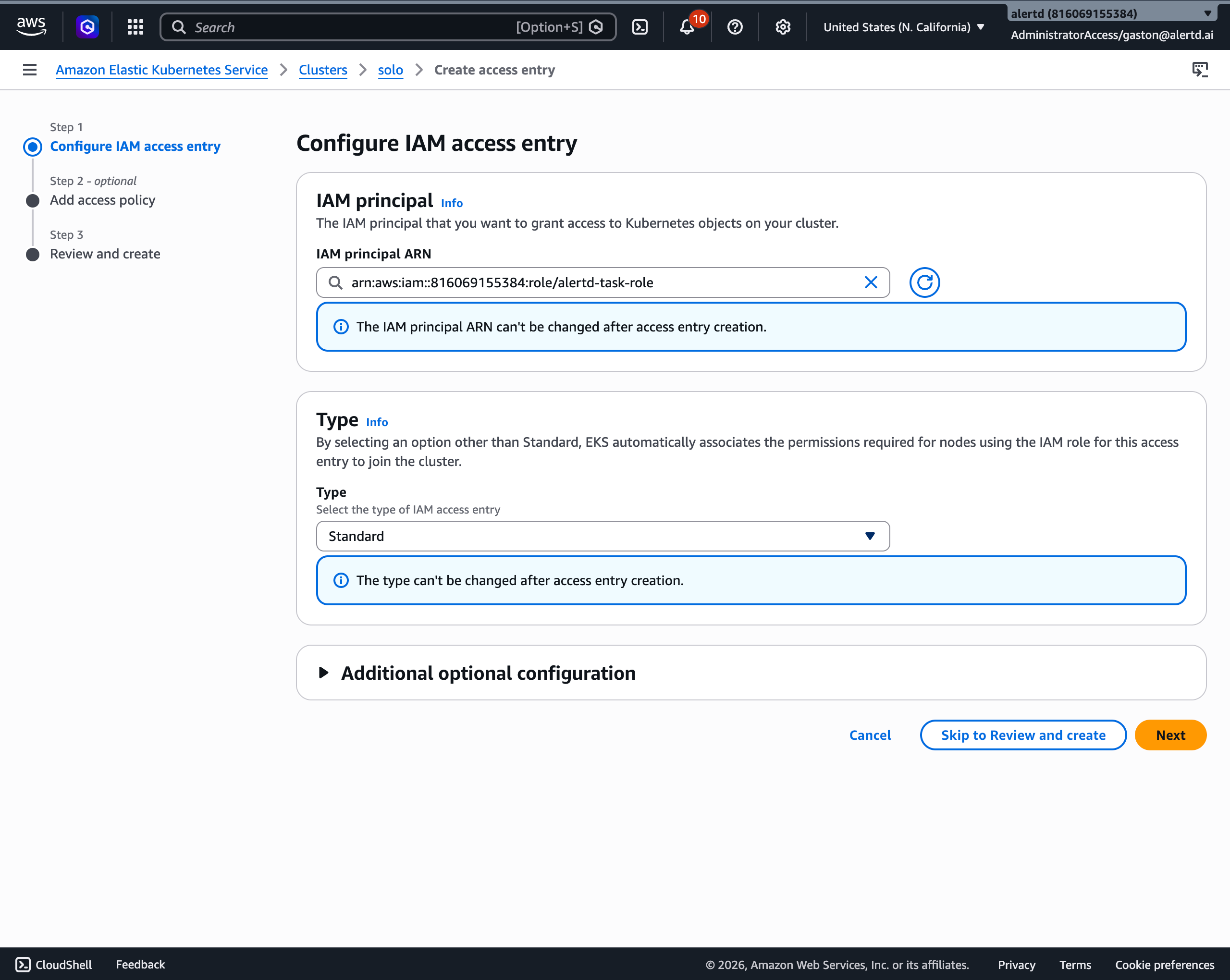 Configure IAM access entry with the AlertD TaskRole ARN