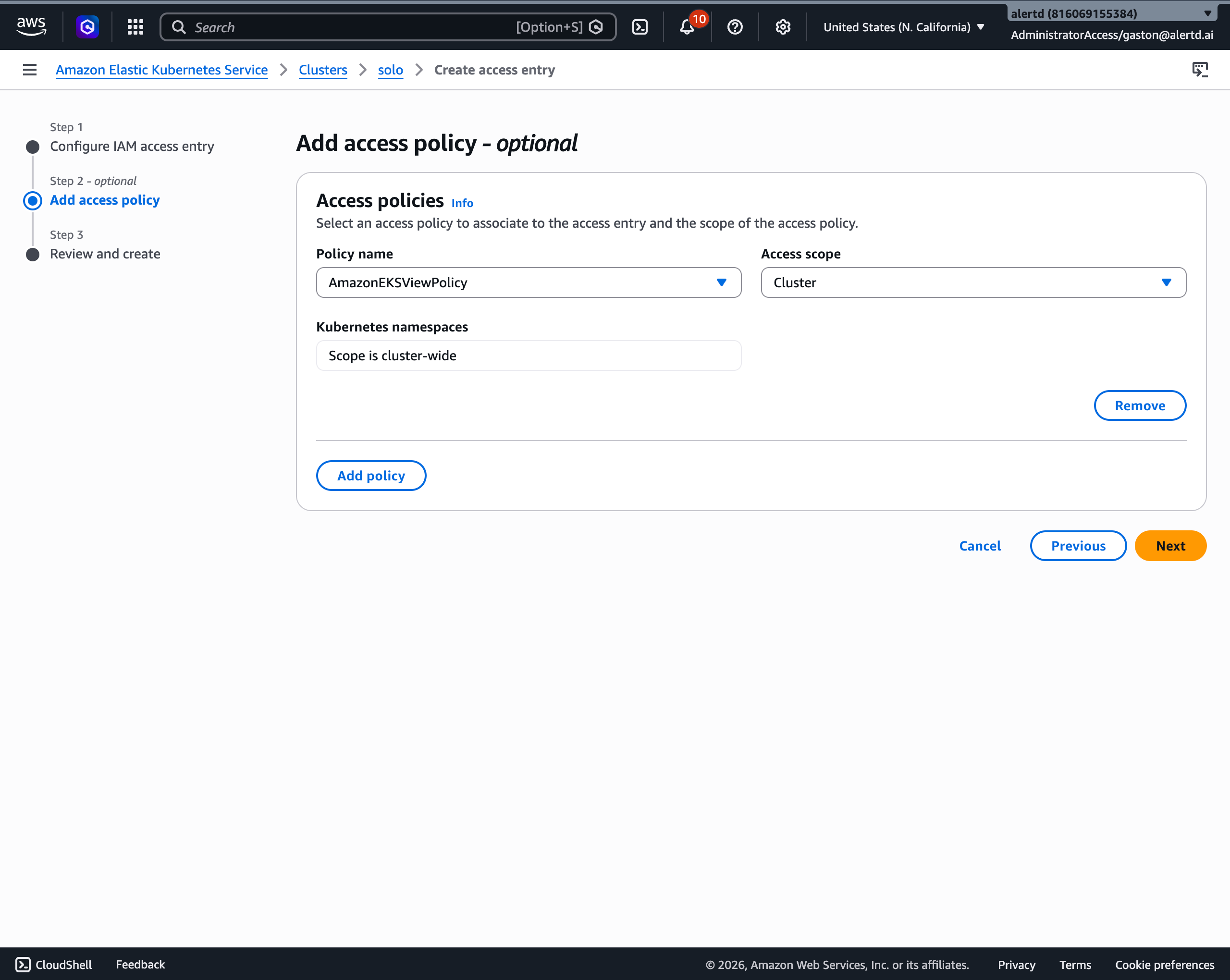 Add access policy — AmazonEKSViewPolicy scoped to the cluster