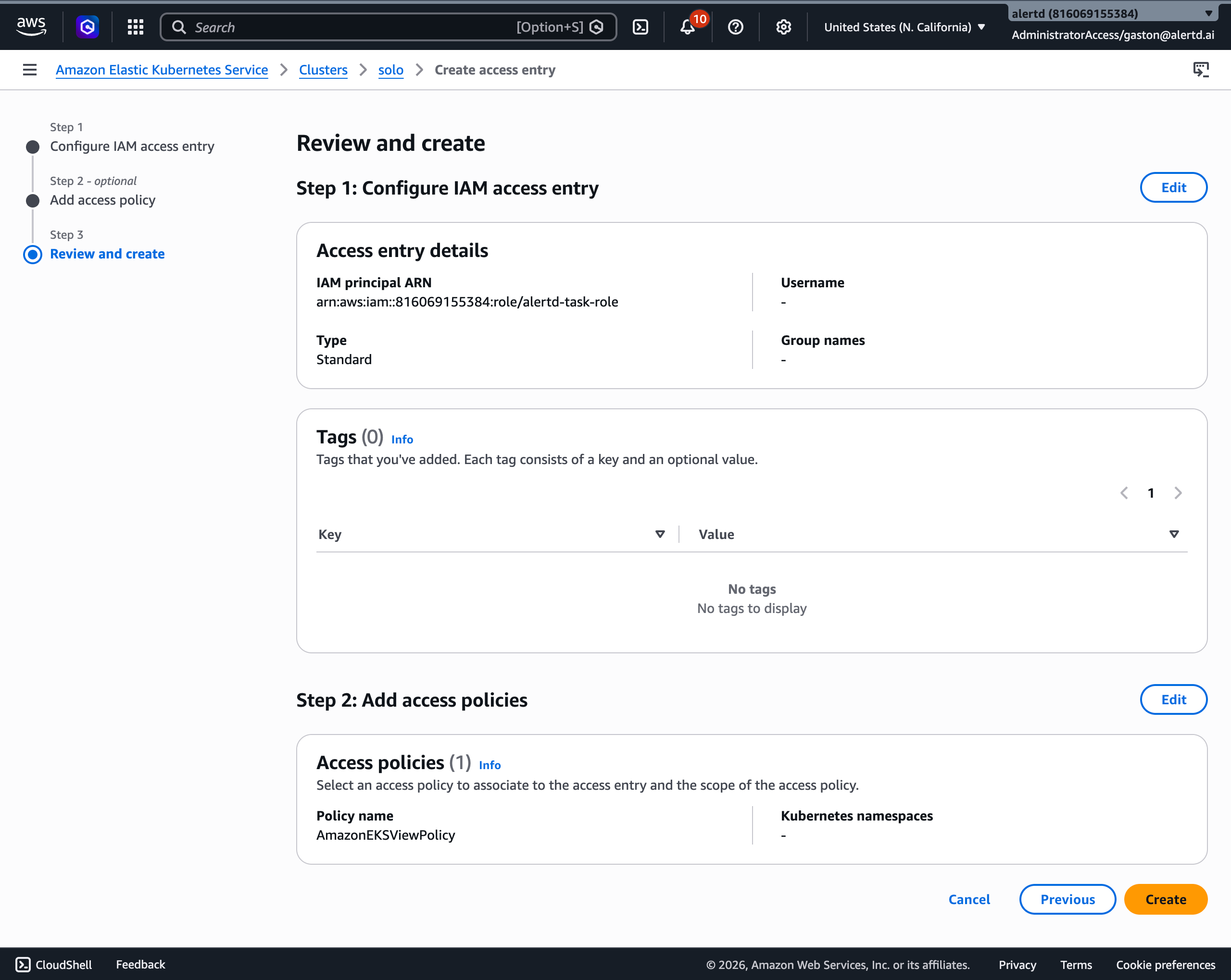 Review and create the access entry