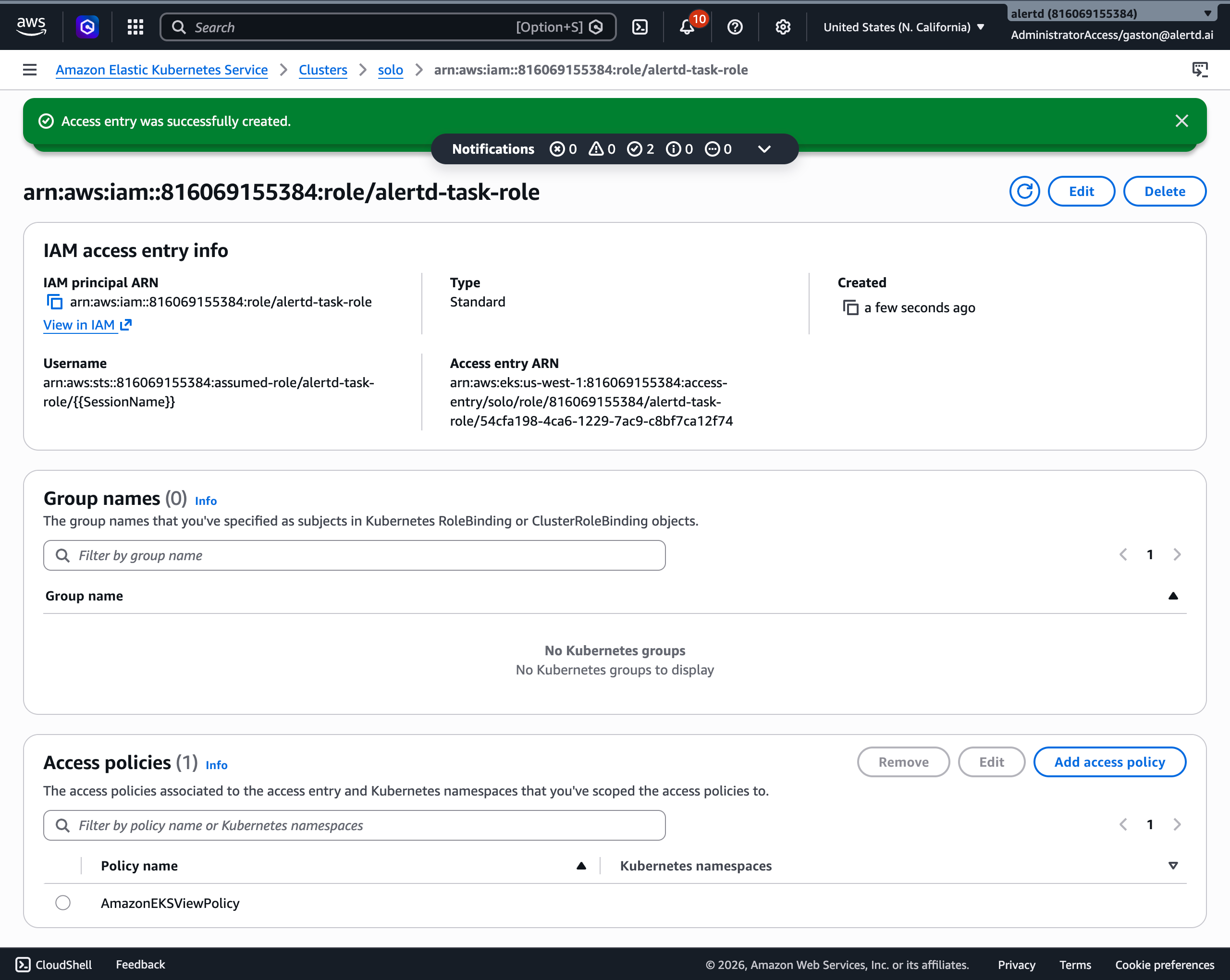Access entry successfully created for the TaskRole