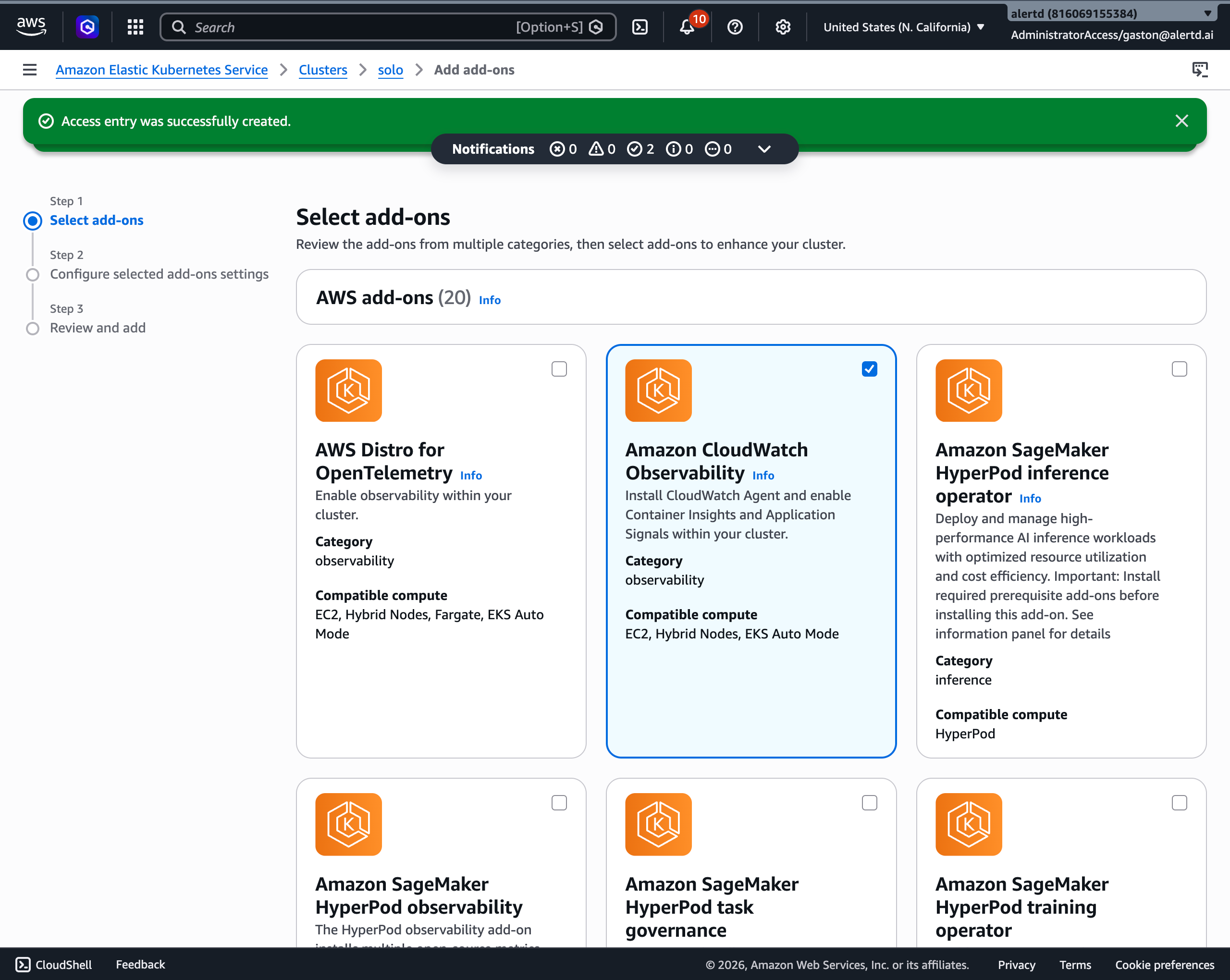 Select the Amazon CloudWatch Observability add-on