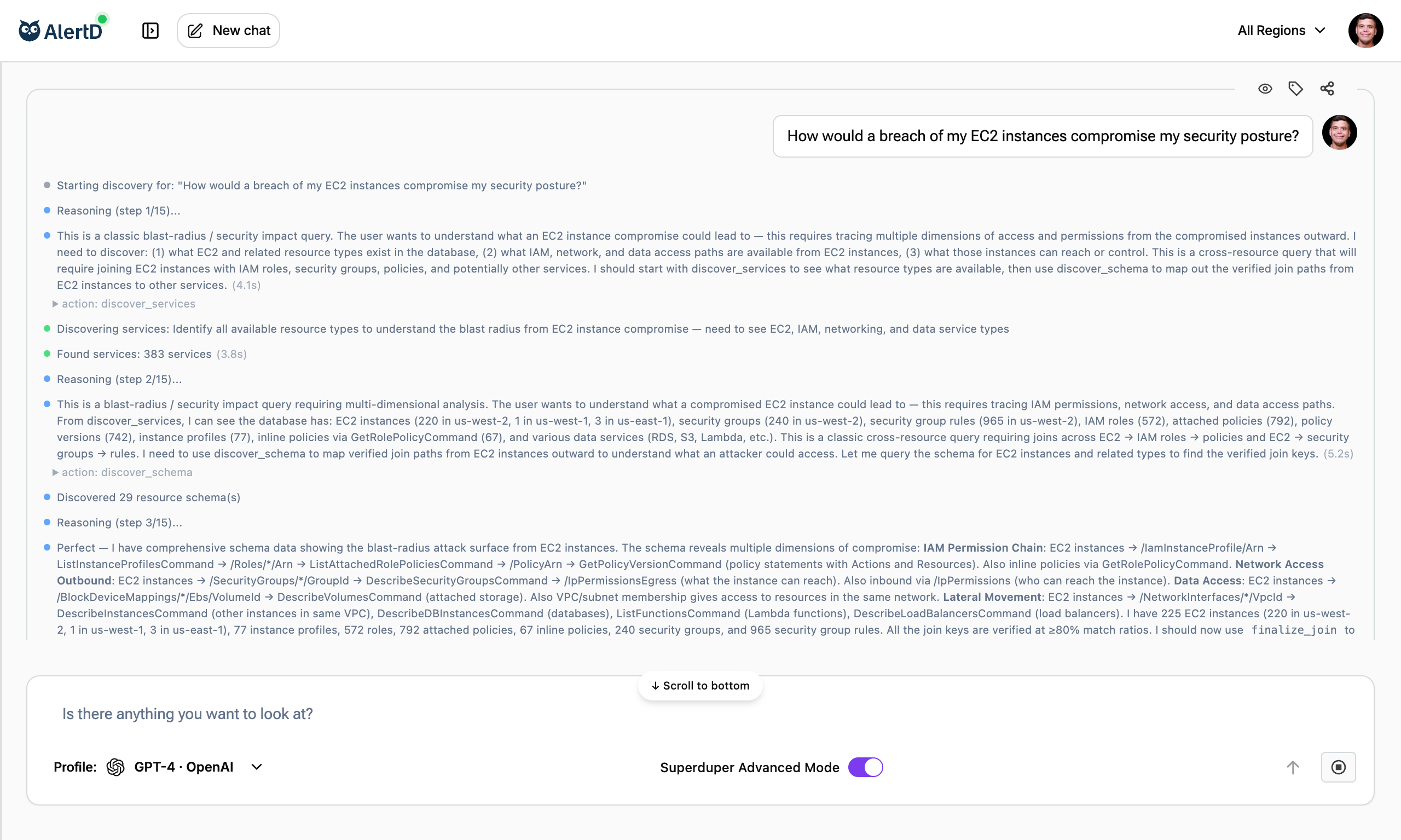 Advanced Mode discovery process showing reasoning steps and service discovery