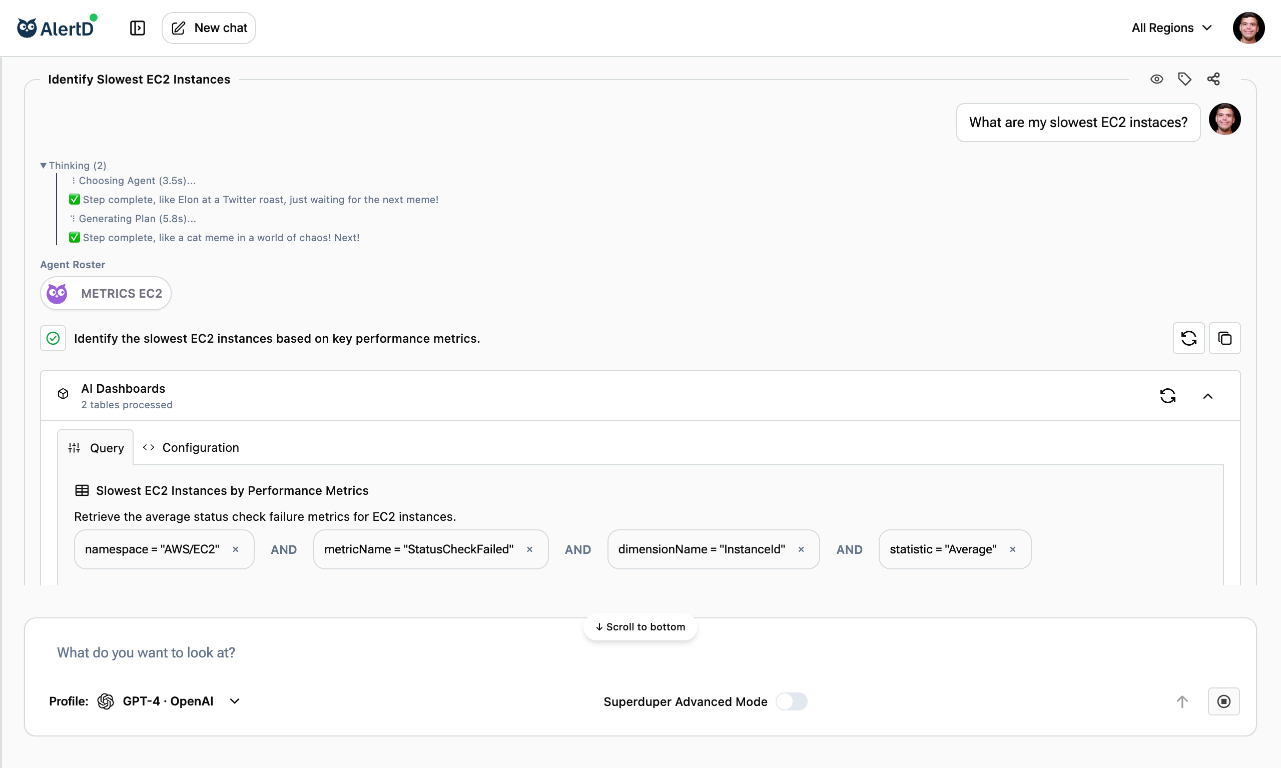 AlertD query showing "What are my slowest EC2 instances?" with execution plan and results